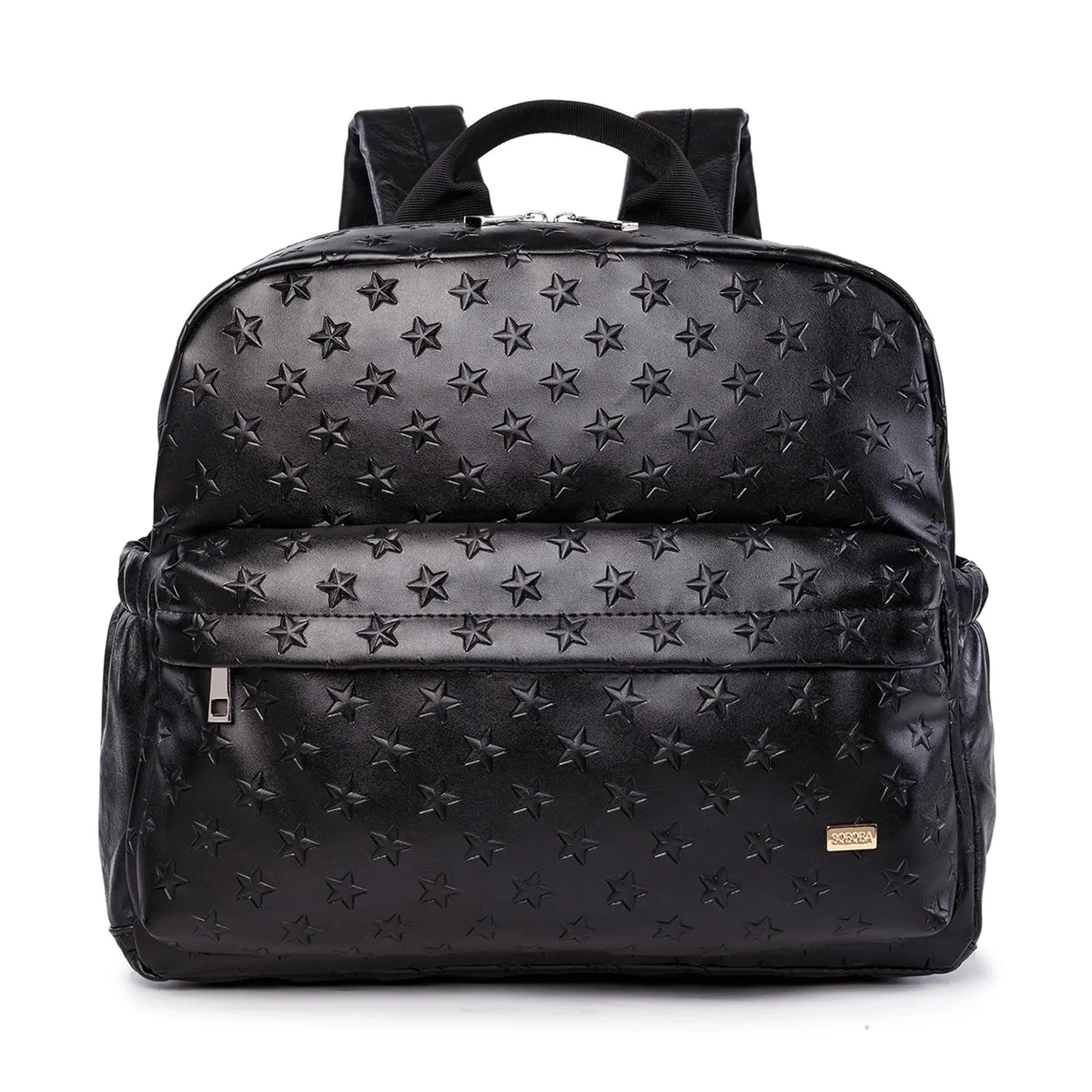 Black PU/PVC diaper backpack with embossed star pattern, front zipper pocket, and gold logo.