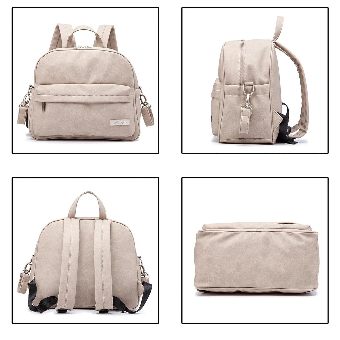 Beige waterproof PU/PVC diaper backpack with front pocket, top handle, and adjustable straps.