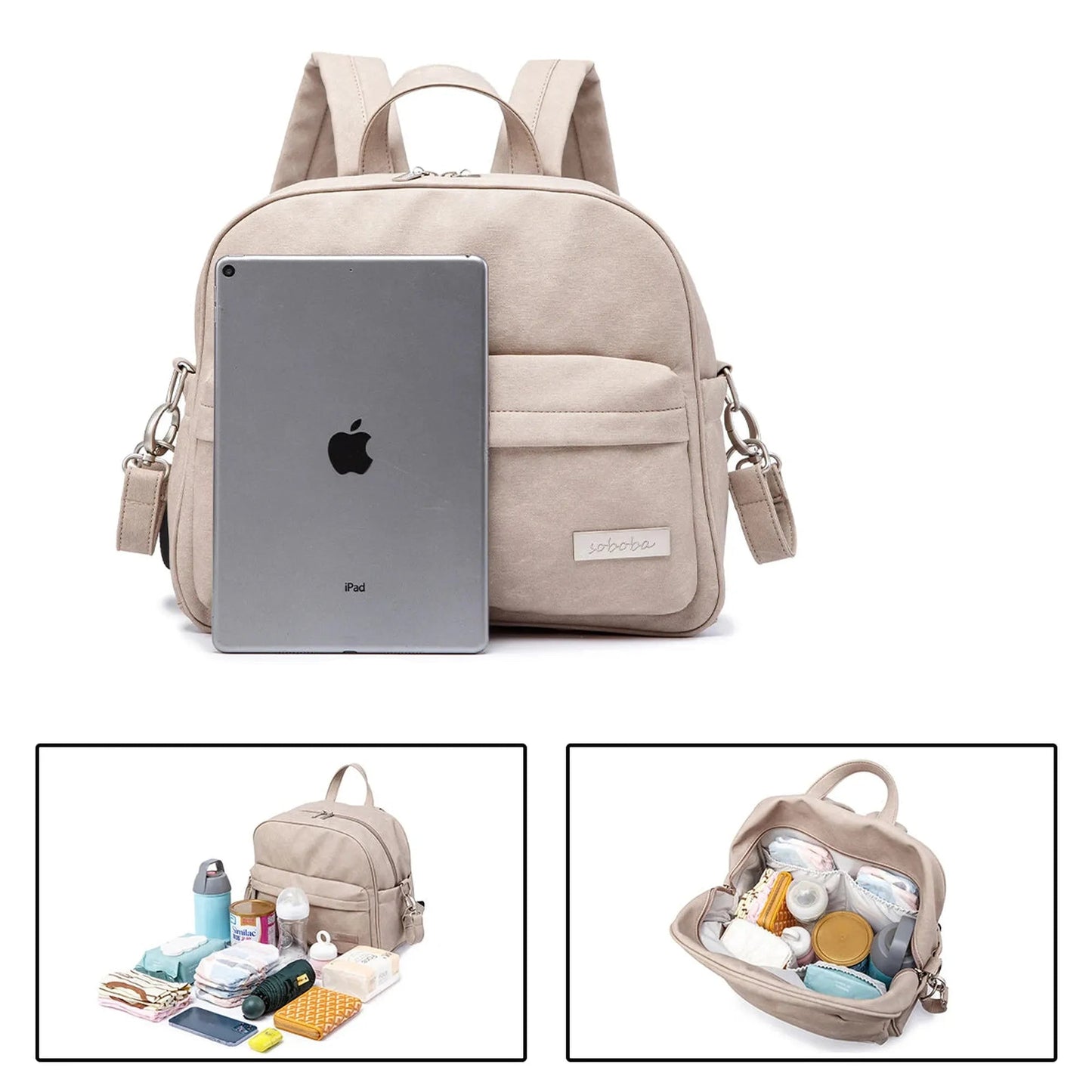 Beige waterproof diaper backpack with an iPad for size reference, showing organized compartments.