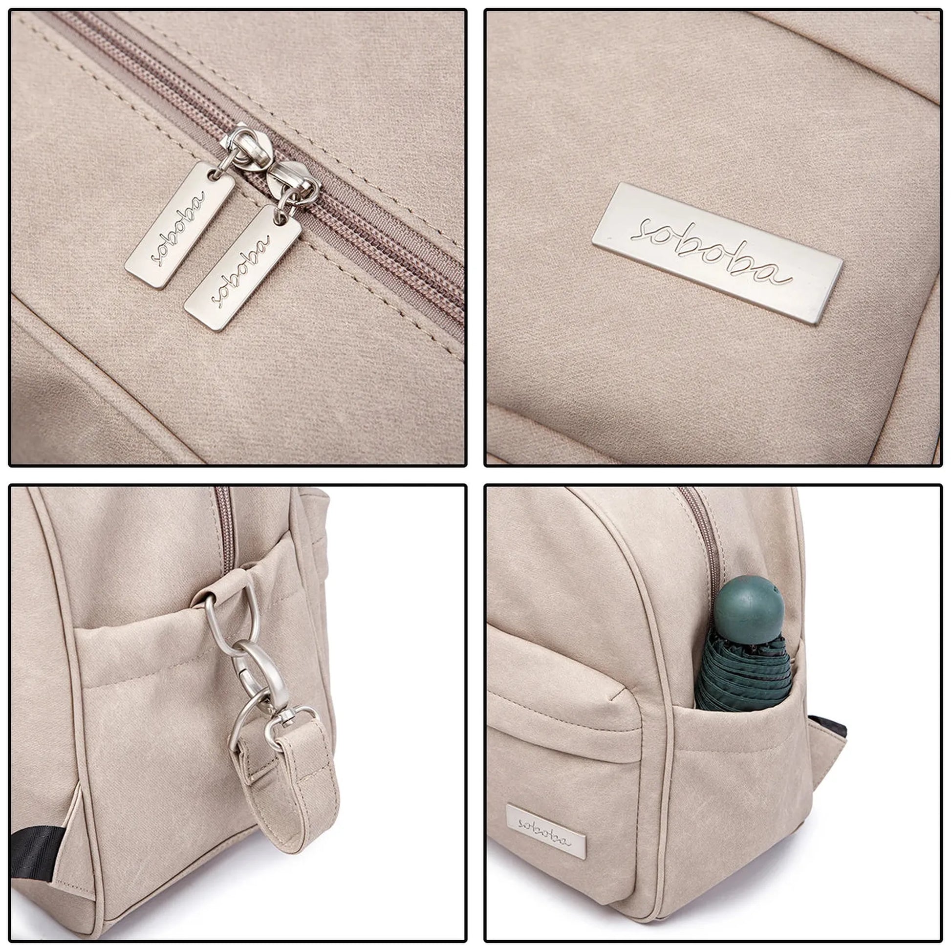 Beige waterproof PU/PVC diaper backpack with "soboha" logo, durable zippers, and side pocket holding an umbrella.