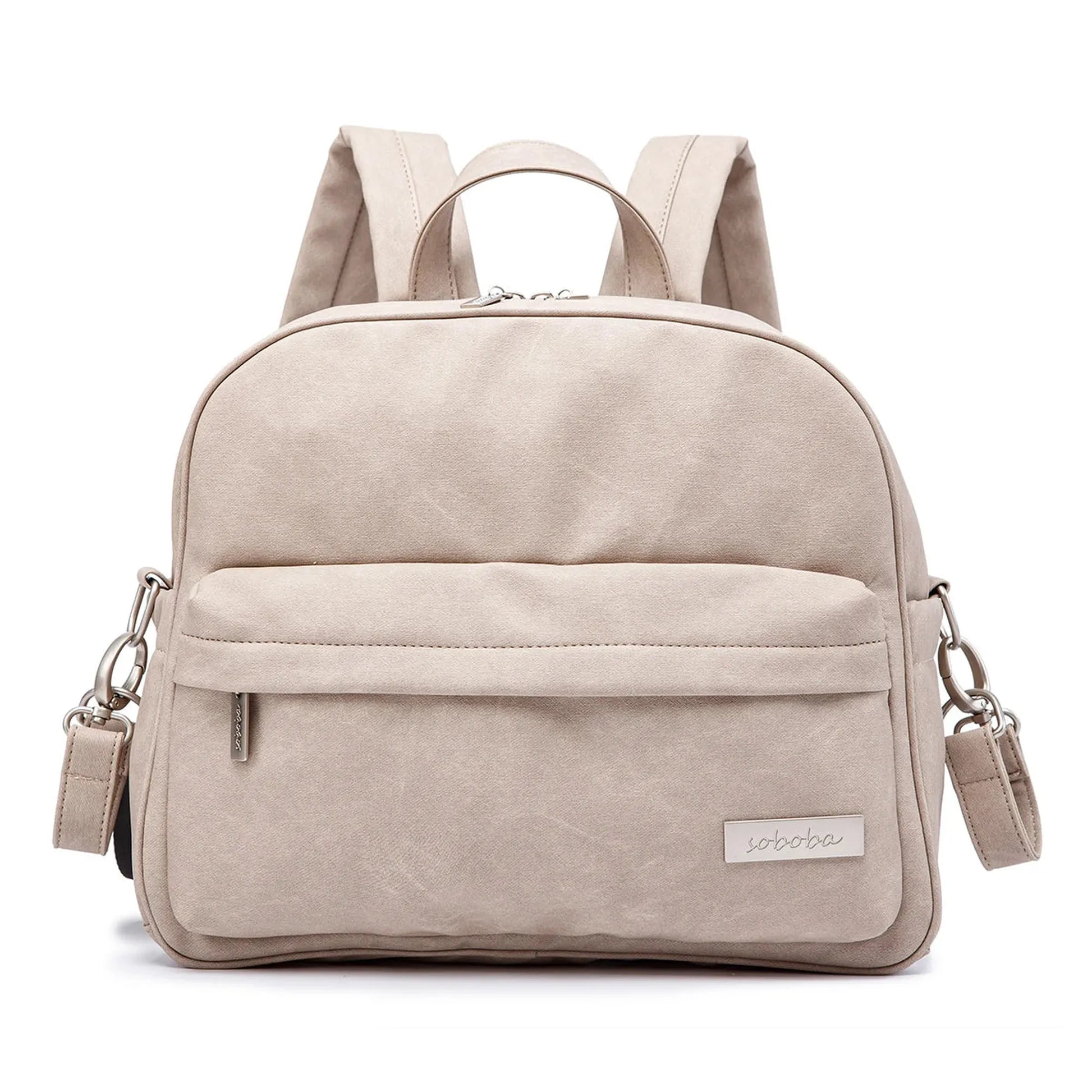 Beige waterproof PU/PVC diaper backpack with front pocket, top handle, and adjustable straps.