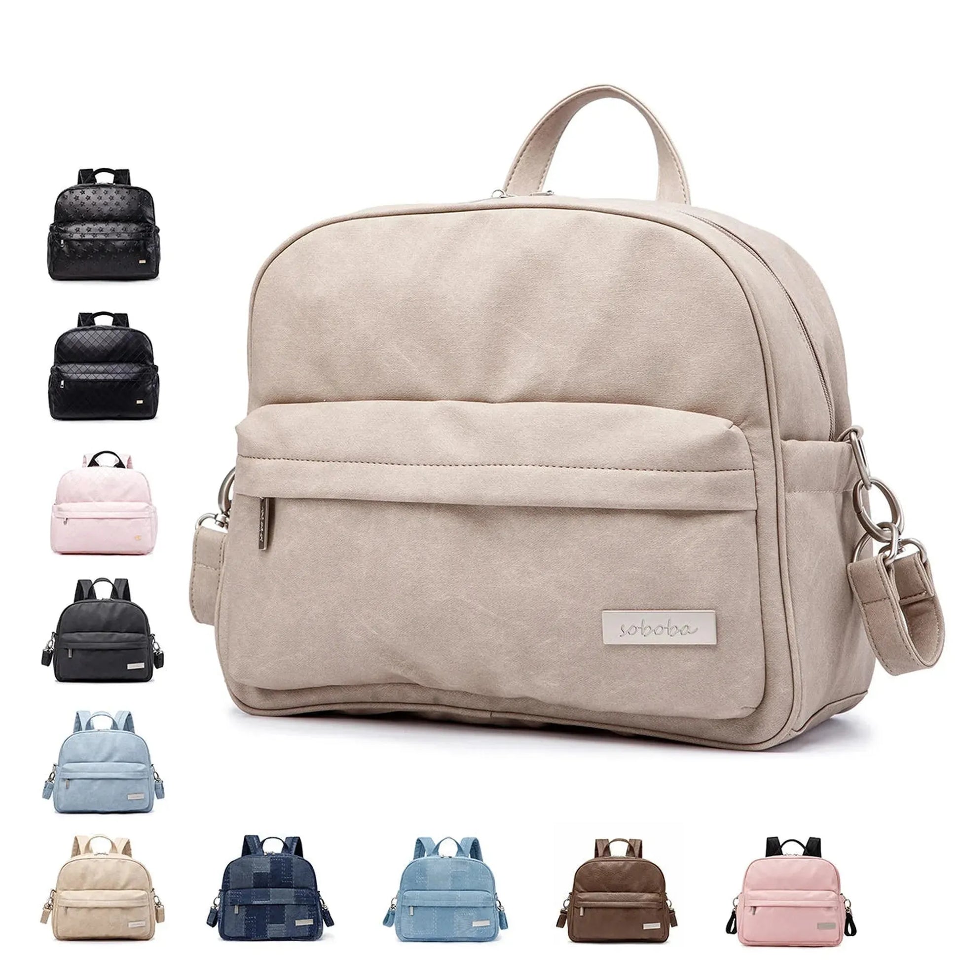 Stylish beige waterproof diaper backpack with front pocket and "soboba" logo, surrounded by various color options.