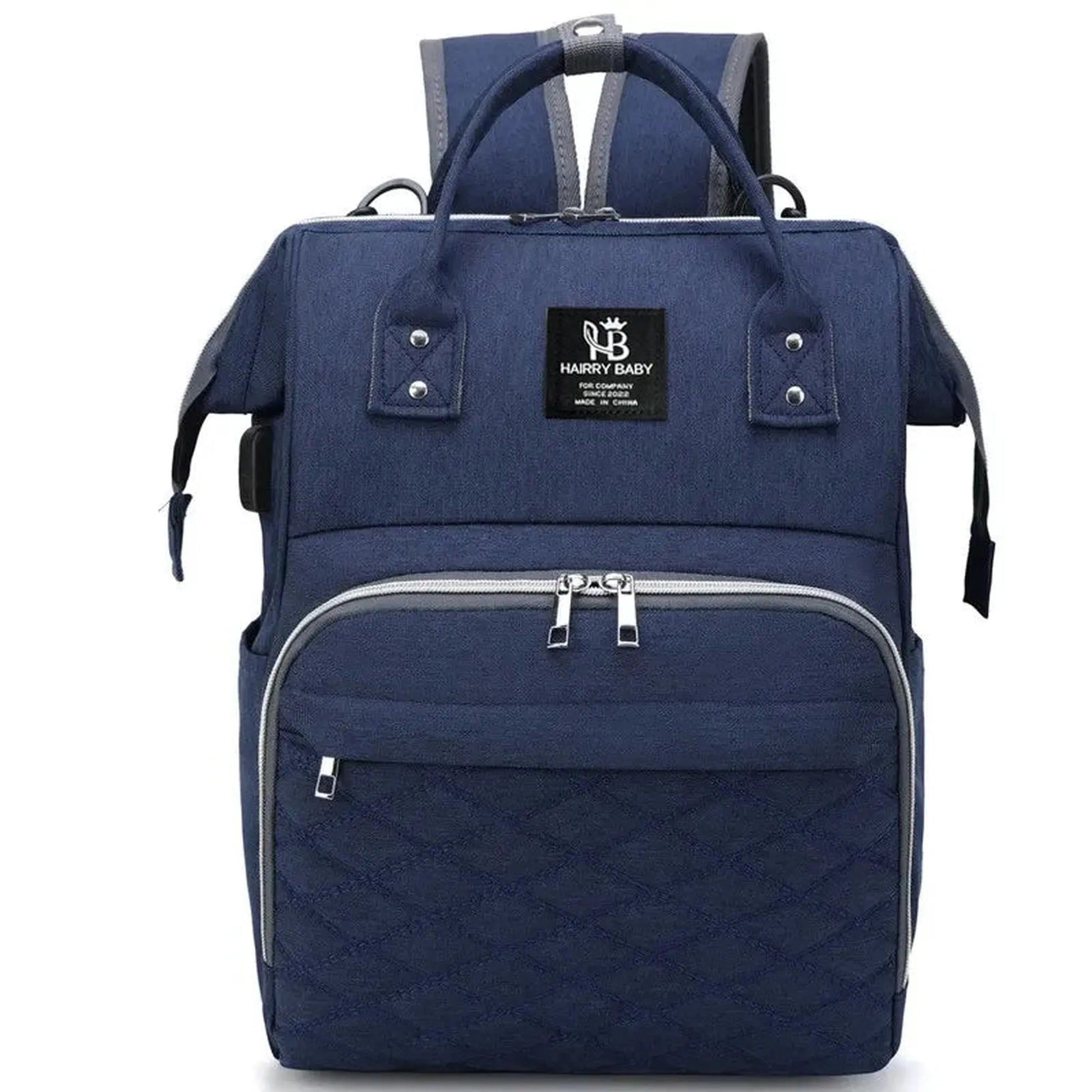Navy blue Oxford fabric diaper backpack with quilted front pocket, top handles, and stroller straps.