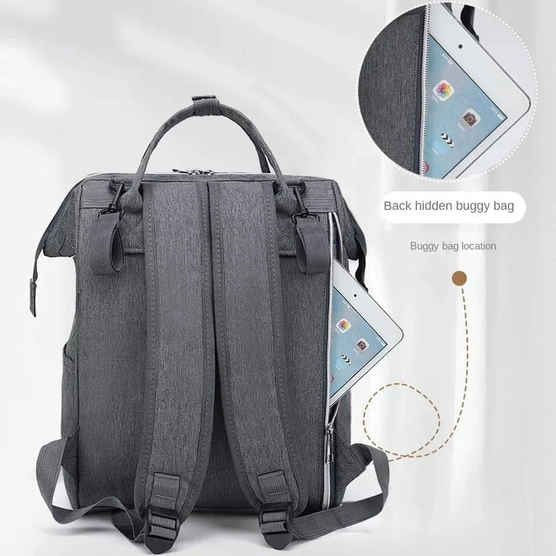 Gray Oxford fabric diaper backpack with padded straps, top handle, and a hidden back pocket for a tablet.