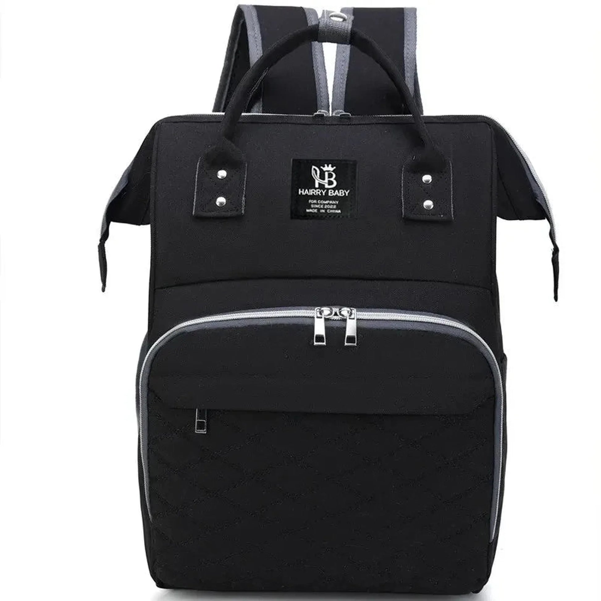 Black large capacity diaper backpack with stroller straps, front zipper pocket, and "HARRY BABY" logo.