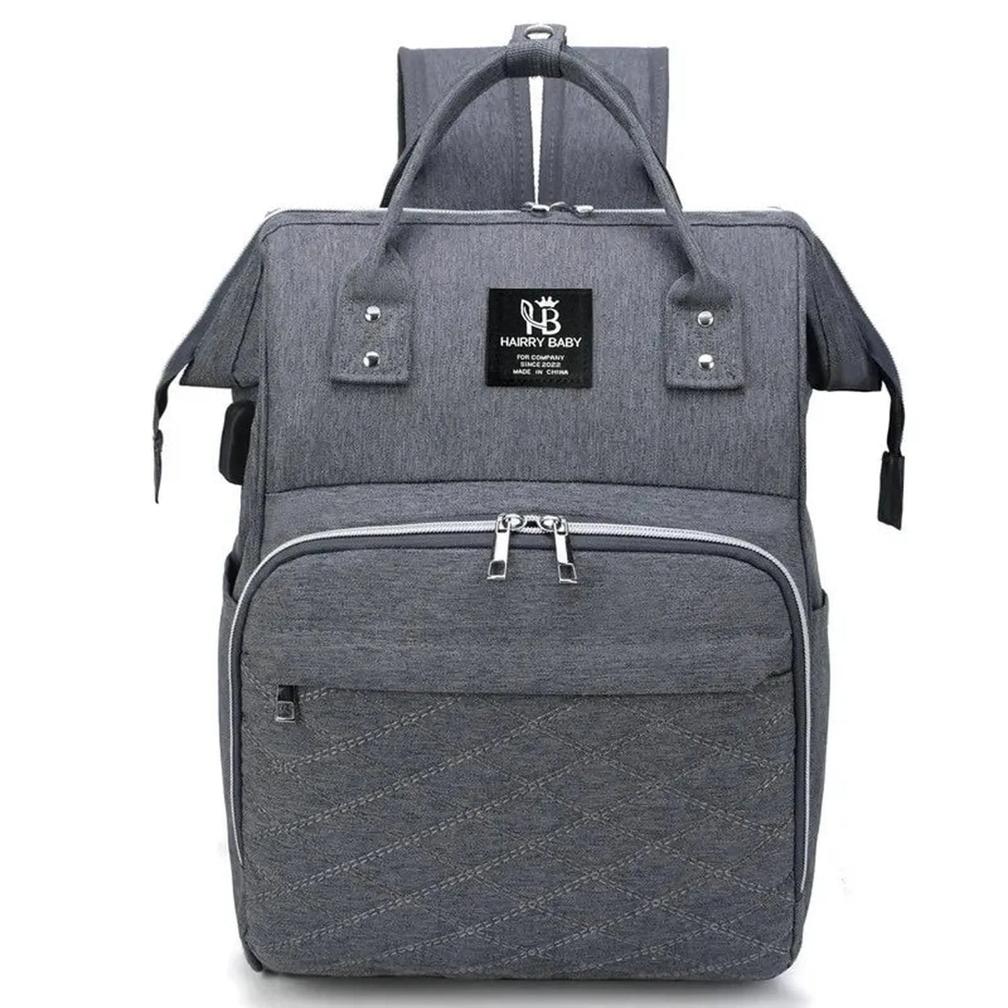 Large grey Oxford fabric diaper backpack with "HARRY BABY" logo, front zipper pocket, and top handles.