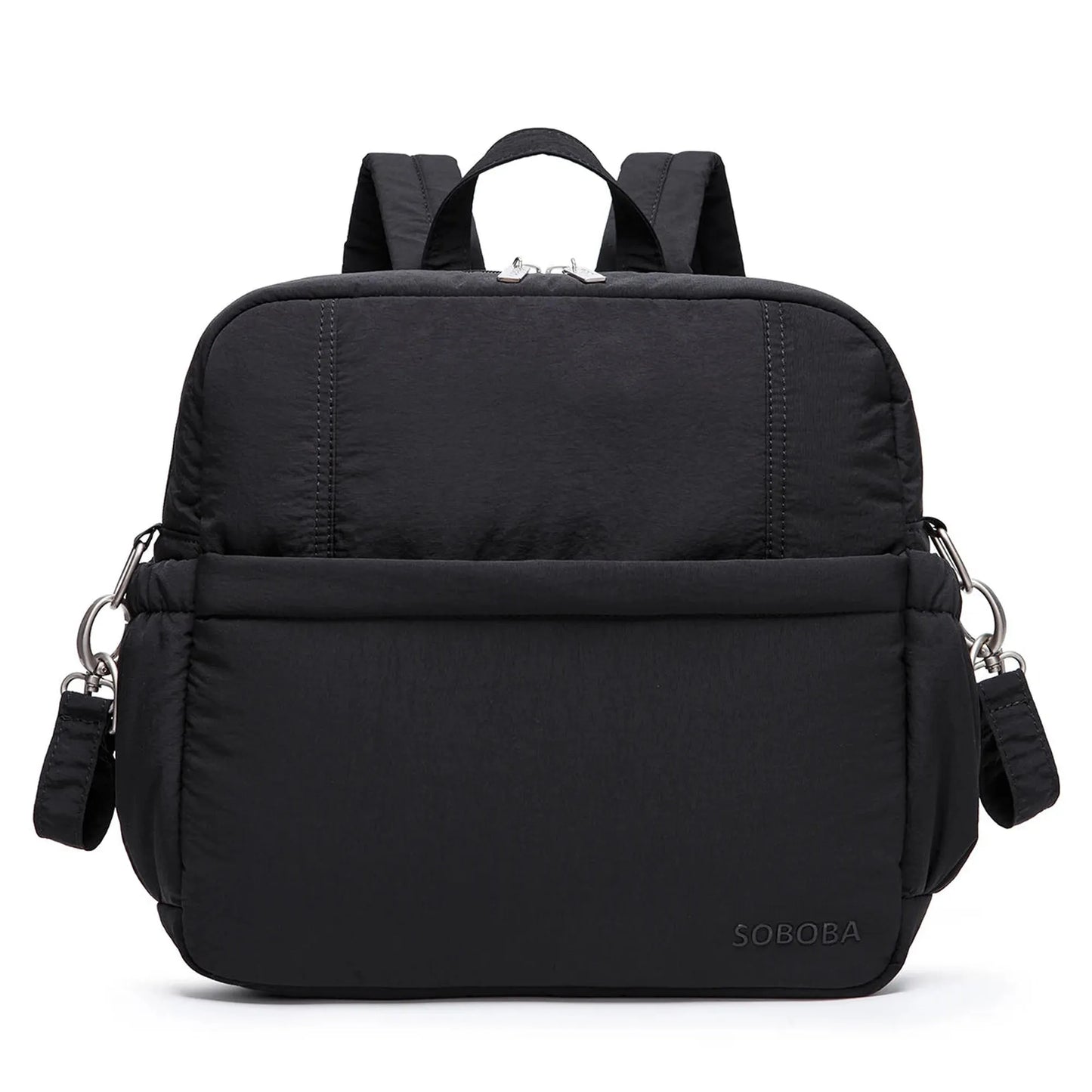 Black multi-functional diaper backpack with padded straps, front pocket, and silver hardware.