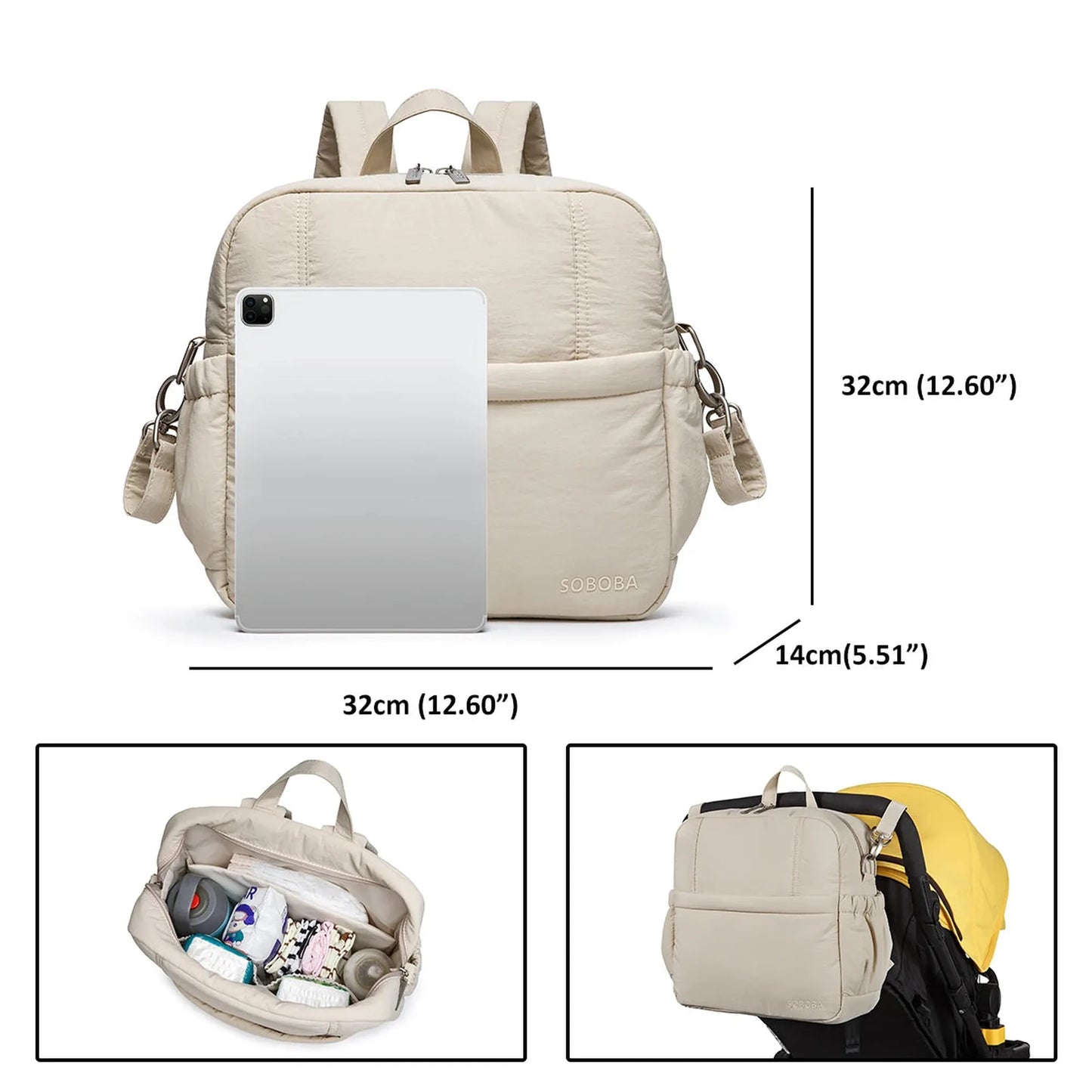 Beige quilted diaper backpack with multiple pockets, shown with an iPad, open, and attached to a stroller.