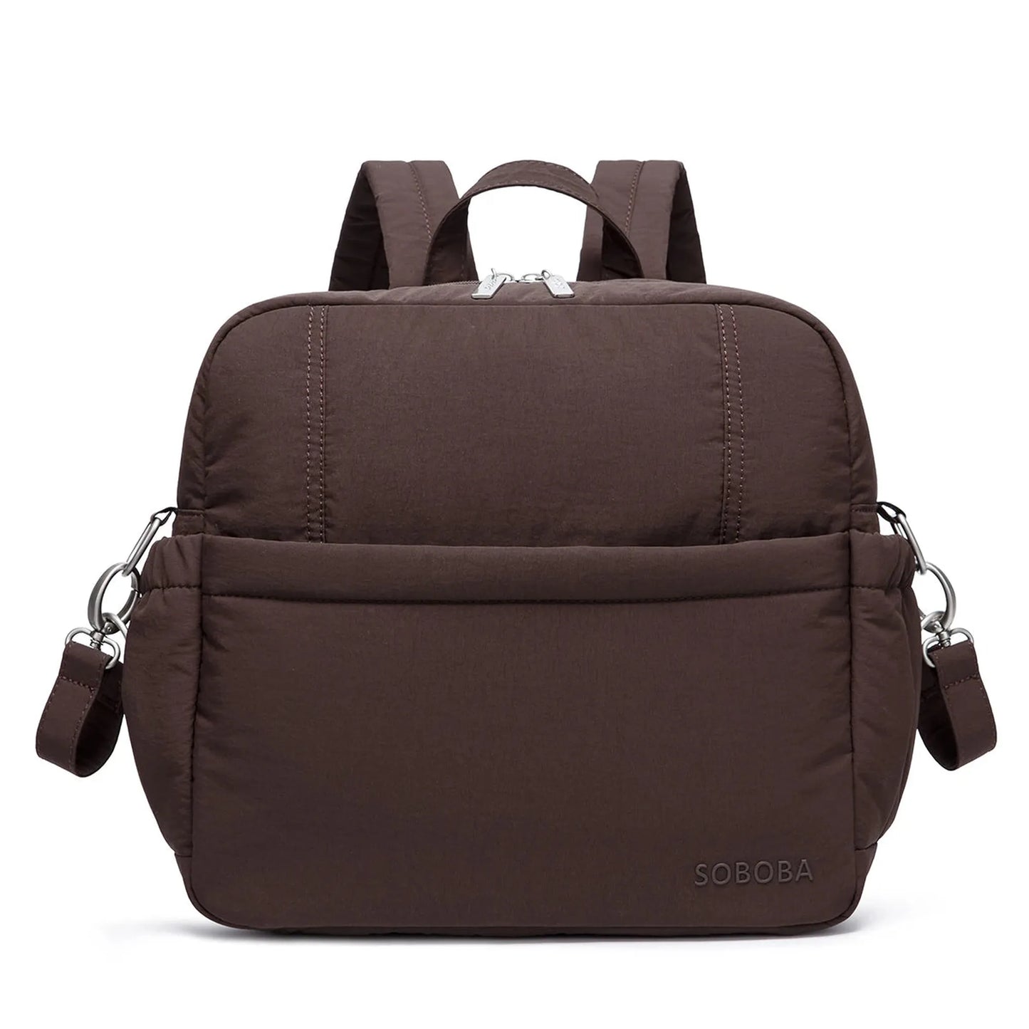 Brown multi-functional diaper backpack with top handle, shoulder straps, front pocket, and silver zippers.