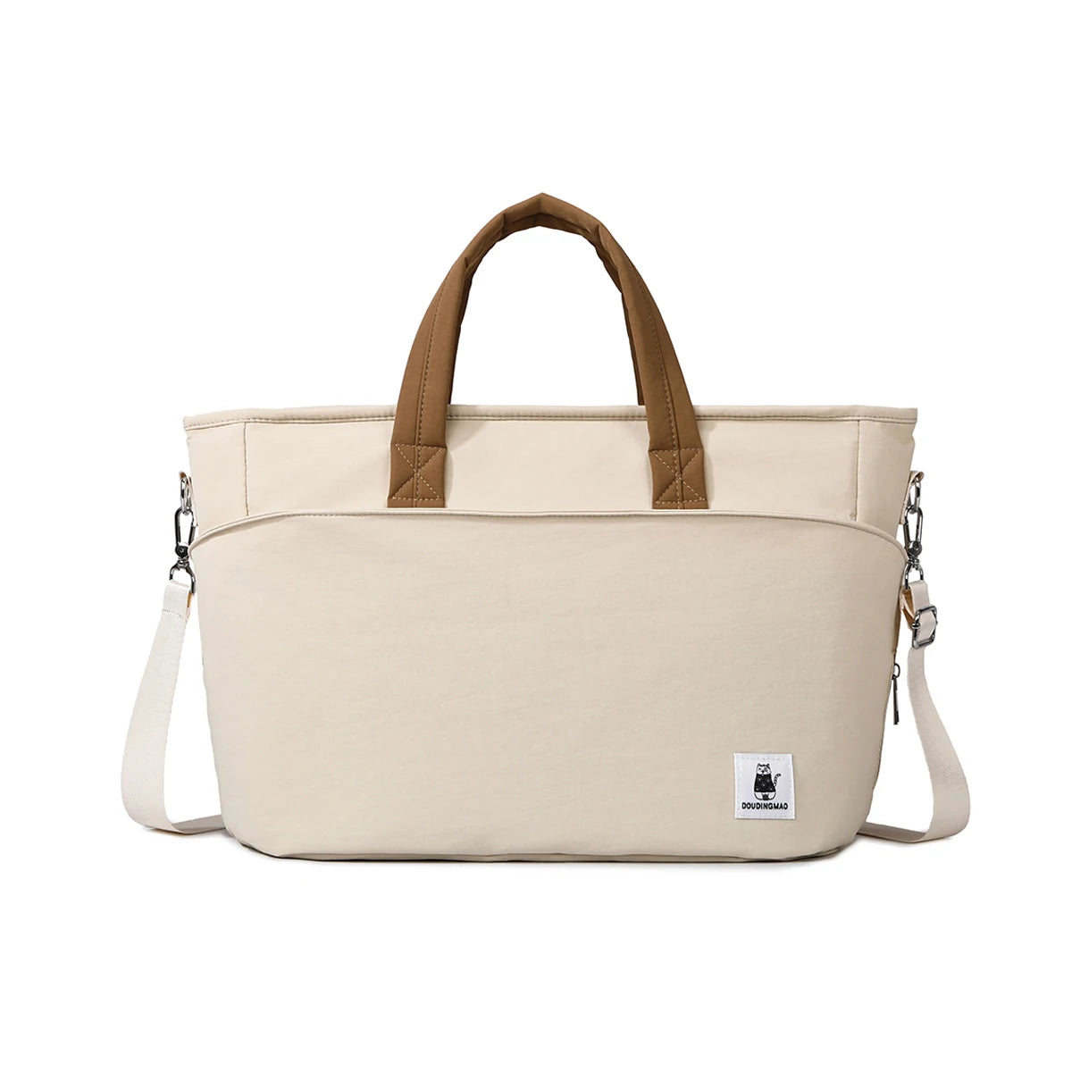 Large beige insulated diaper bag with brown handles and a long shoulder strap.