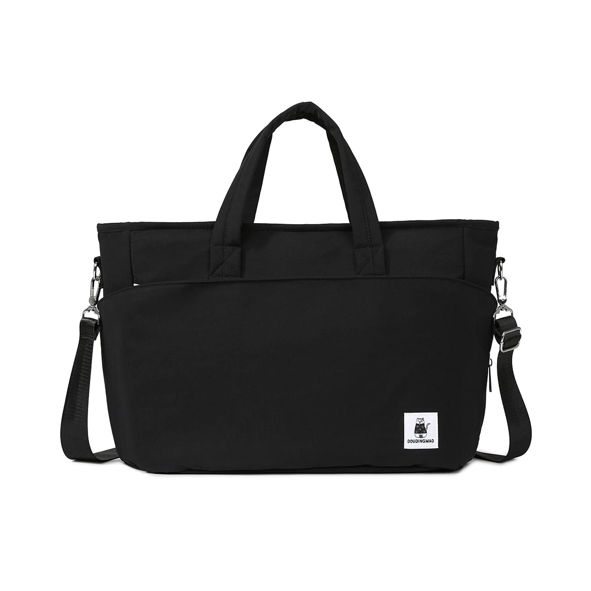 Black Oxford fabric diaper bag with top handles, shoulder strap, and front pocket.