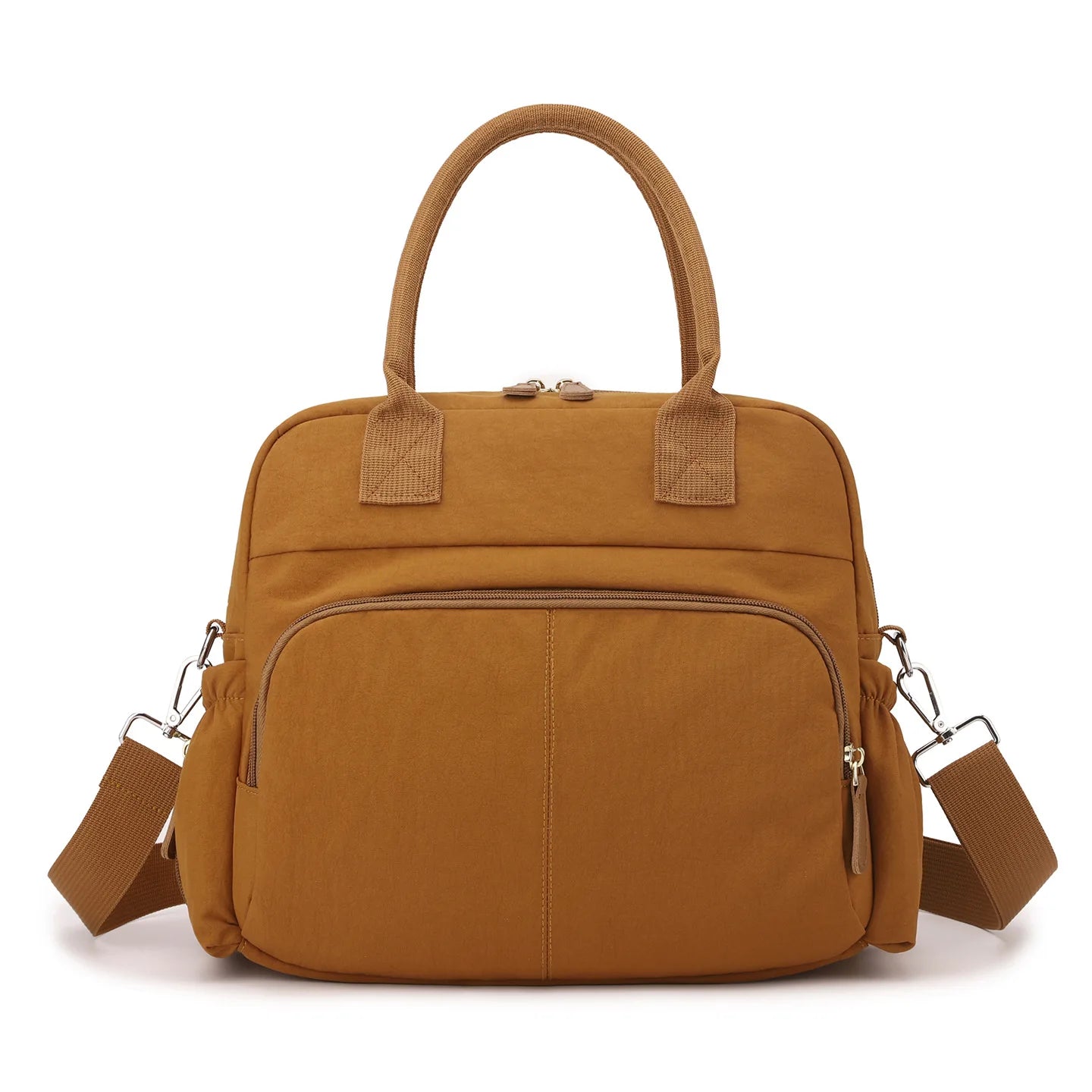 Stylish brown polyester diaper bag with top handles, front pockets, and adjustable shoulder strap.