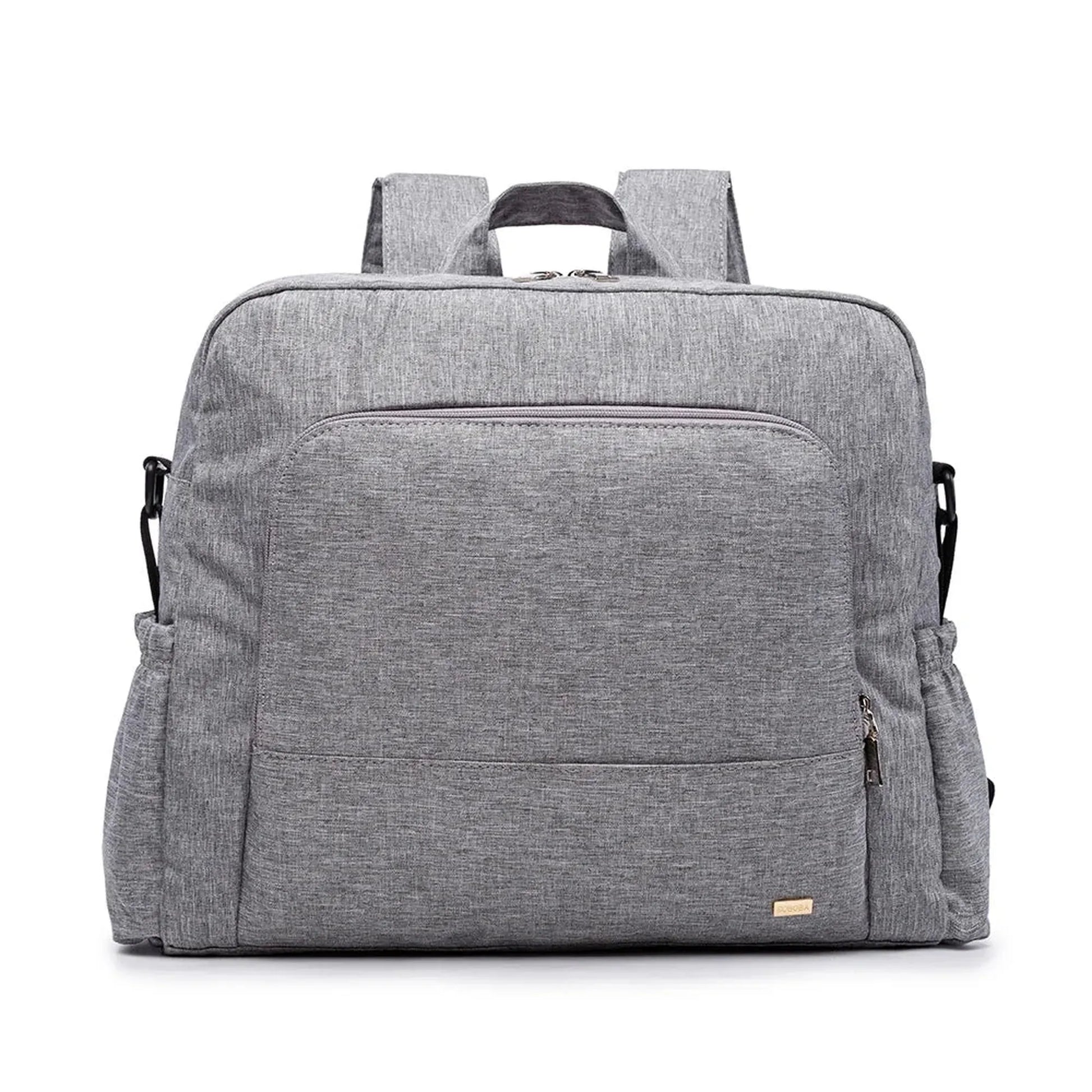 Stylish gray waterproof diaper backpack with multiple pockets and padded straps.