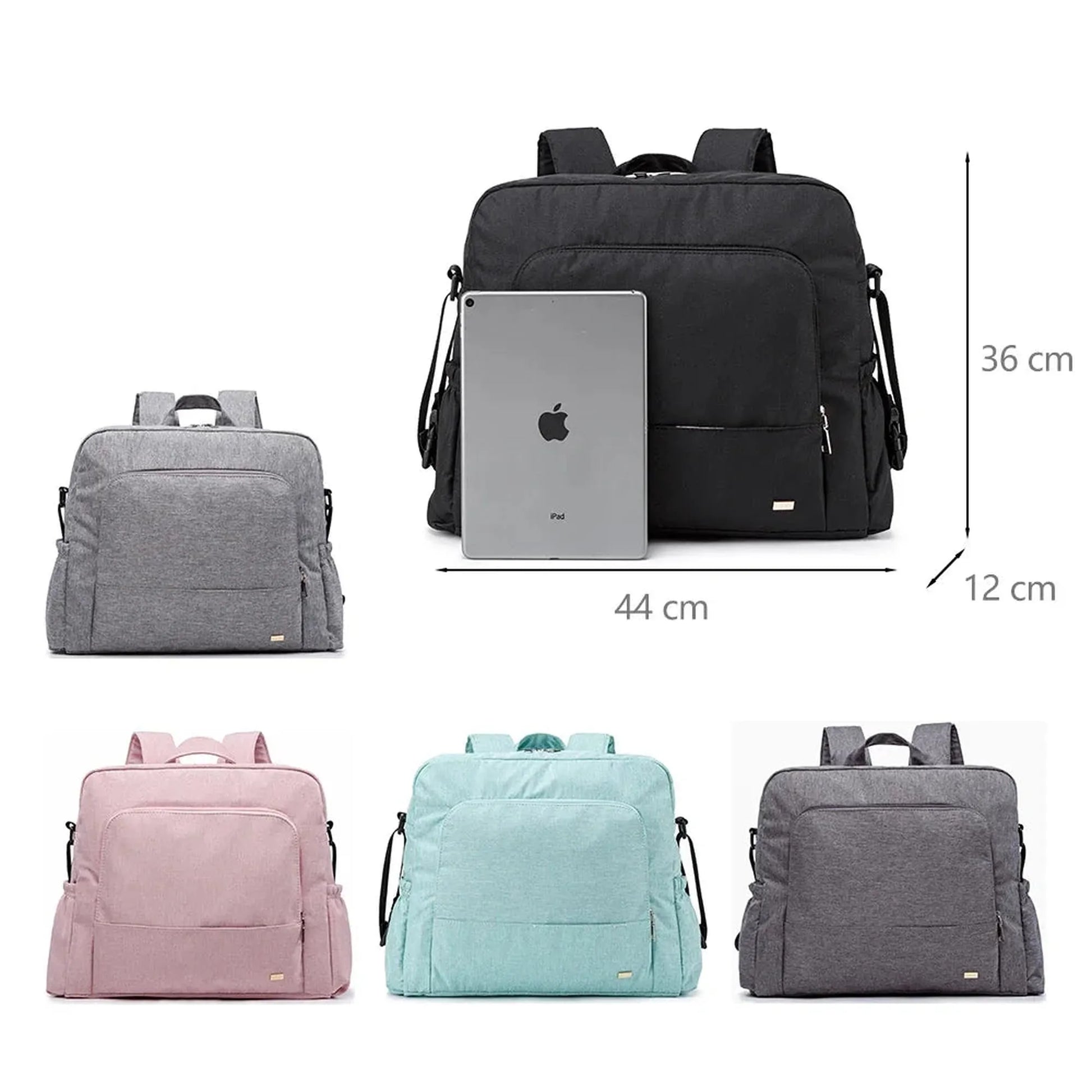 Stylish waterproof diaper backpack in black, grey, pink, and mint green, with dimensions shown.