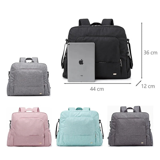 Stylish waterproof diaper backpack in black, grey, pink, and mint green, with dimensions shown.