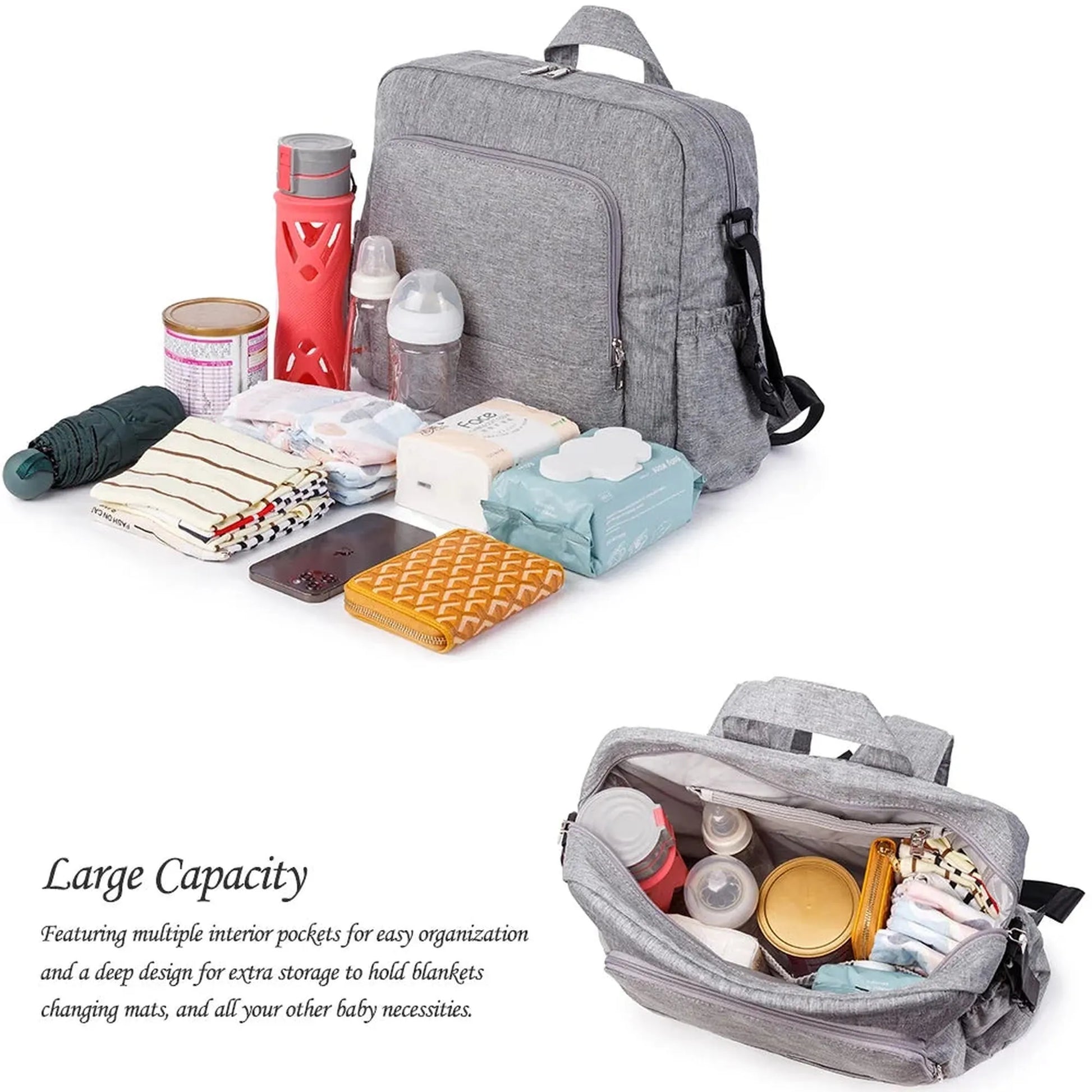 Stylish gray waterproof diaper backpack with large capacity, shown open and filled with baby essentials.