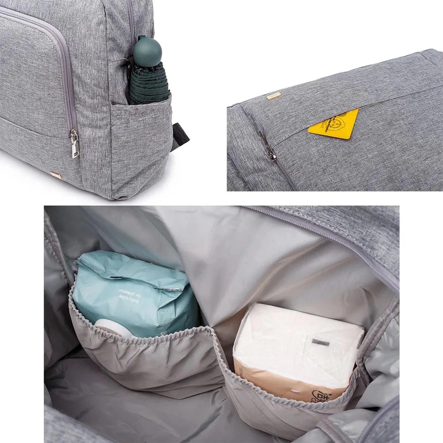 Stylish gray waterproof diaper backpack with multiple pockets and organized interior.