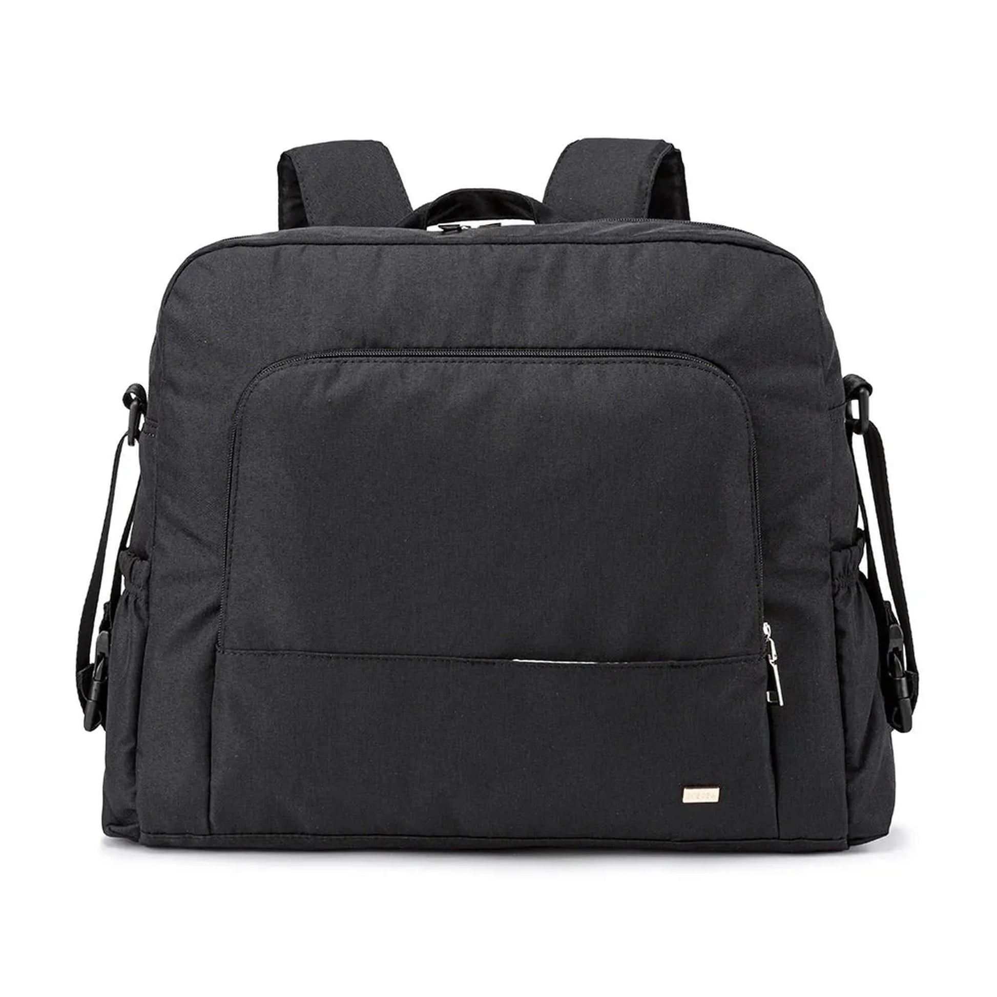 Black waterproof diaper backpack with multiple zippered pockets and padded straps.