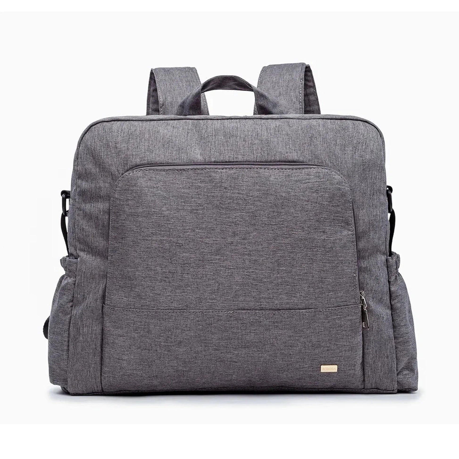 Stylish gray waterproof diaper backpack with padded straps and multiple pockets.