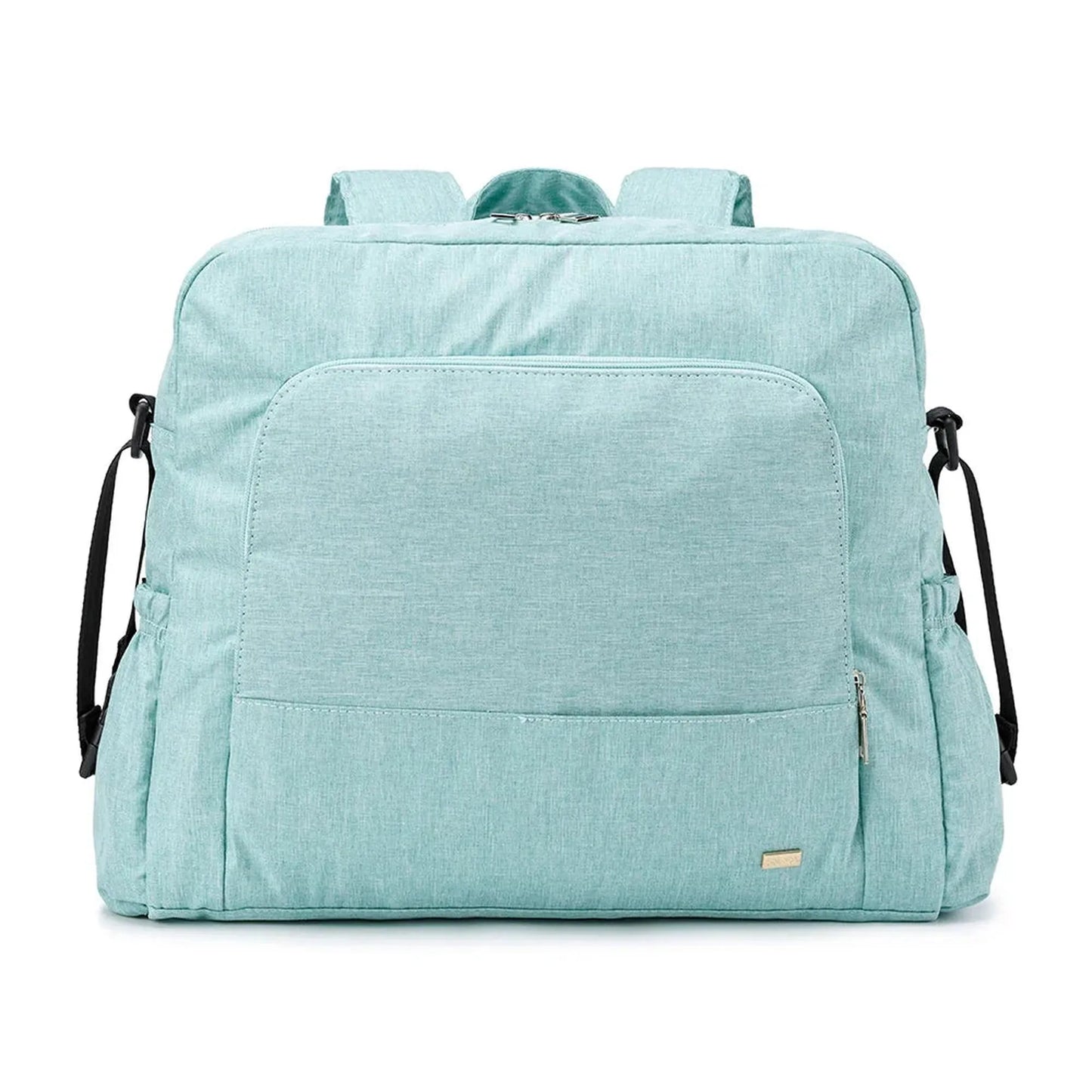 Light blue waterproof diaper backpack with front pocket, side pockets, and black straps.