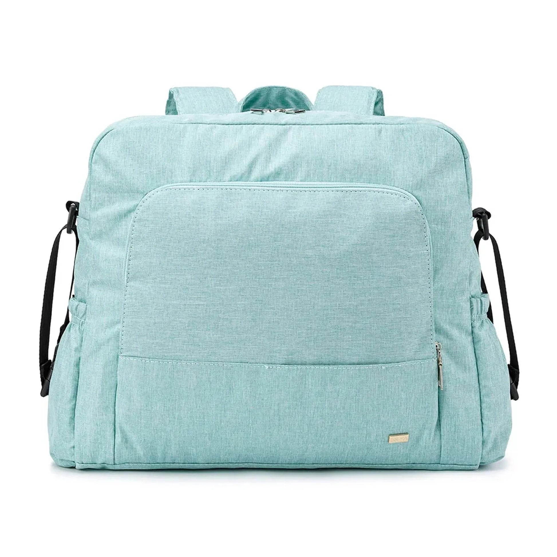 Light blue waterproof diaper backpack with front pocket, side pockets, and black straps.