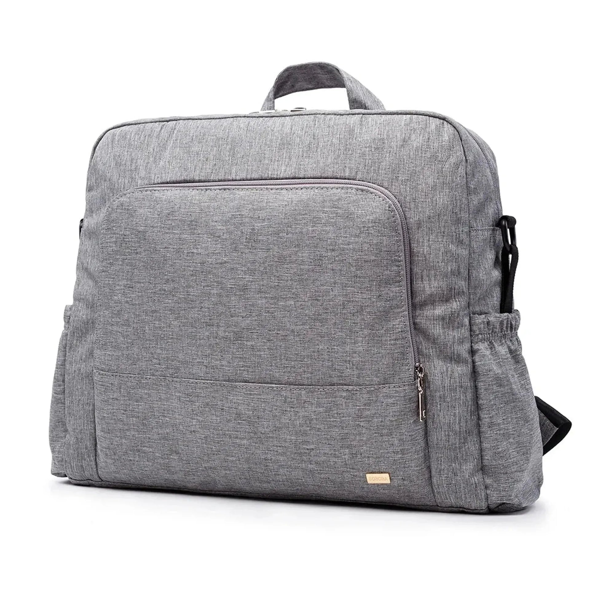 Stylish gray waterproof diaper backpack with front zipper pocket and side pouches.