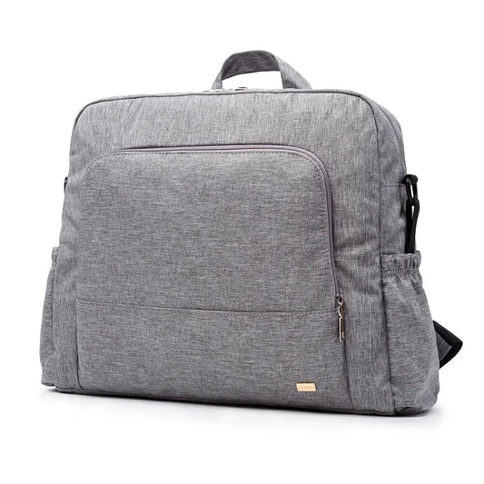 Stylish gray waterproof diaper backpack with front zipper pocket and side pouches.