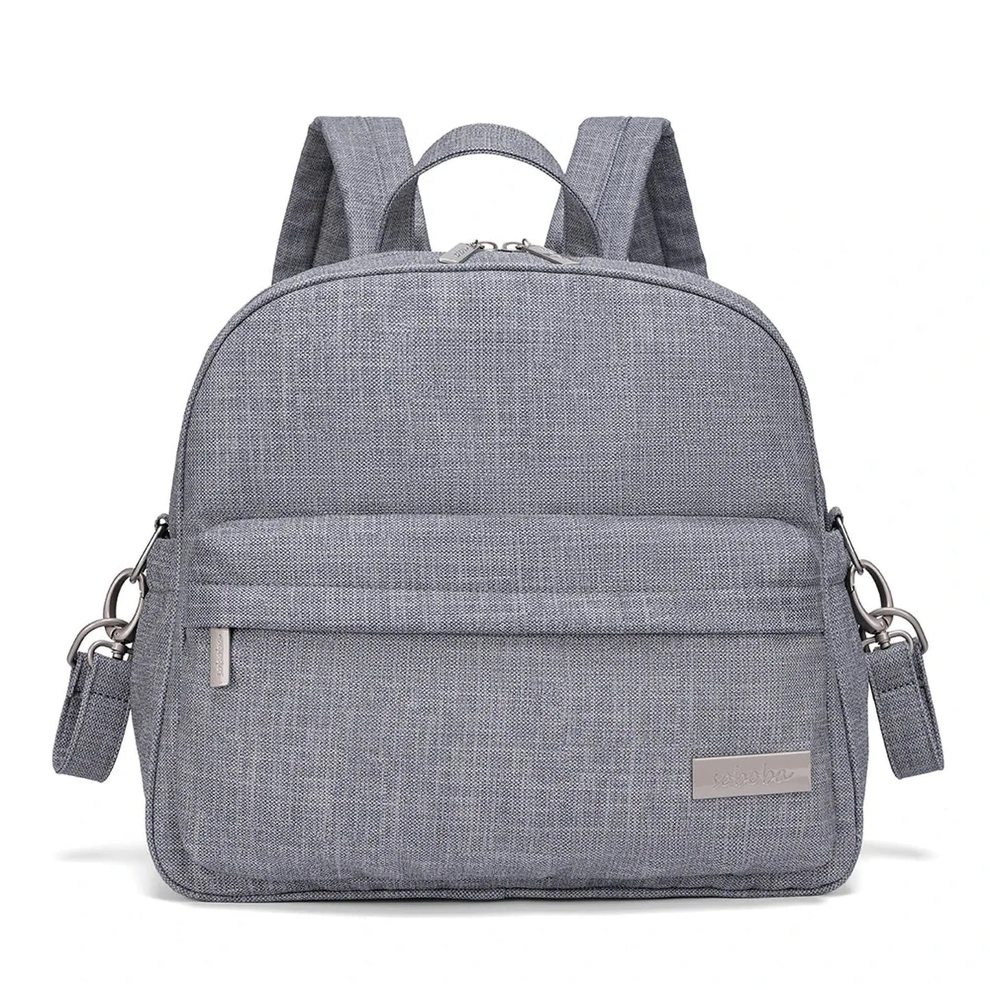 Stylish gray diaper backpack with front pocket, top handle, and adjustable straps.