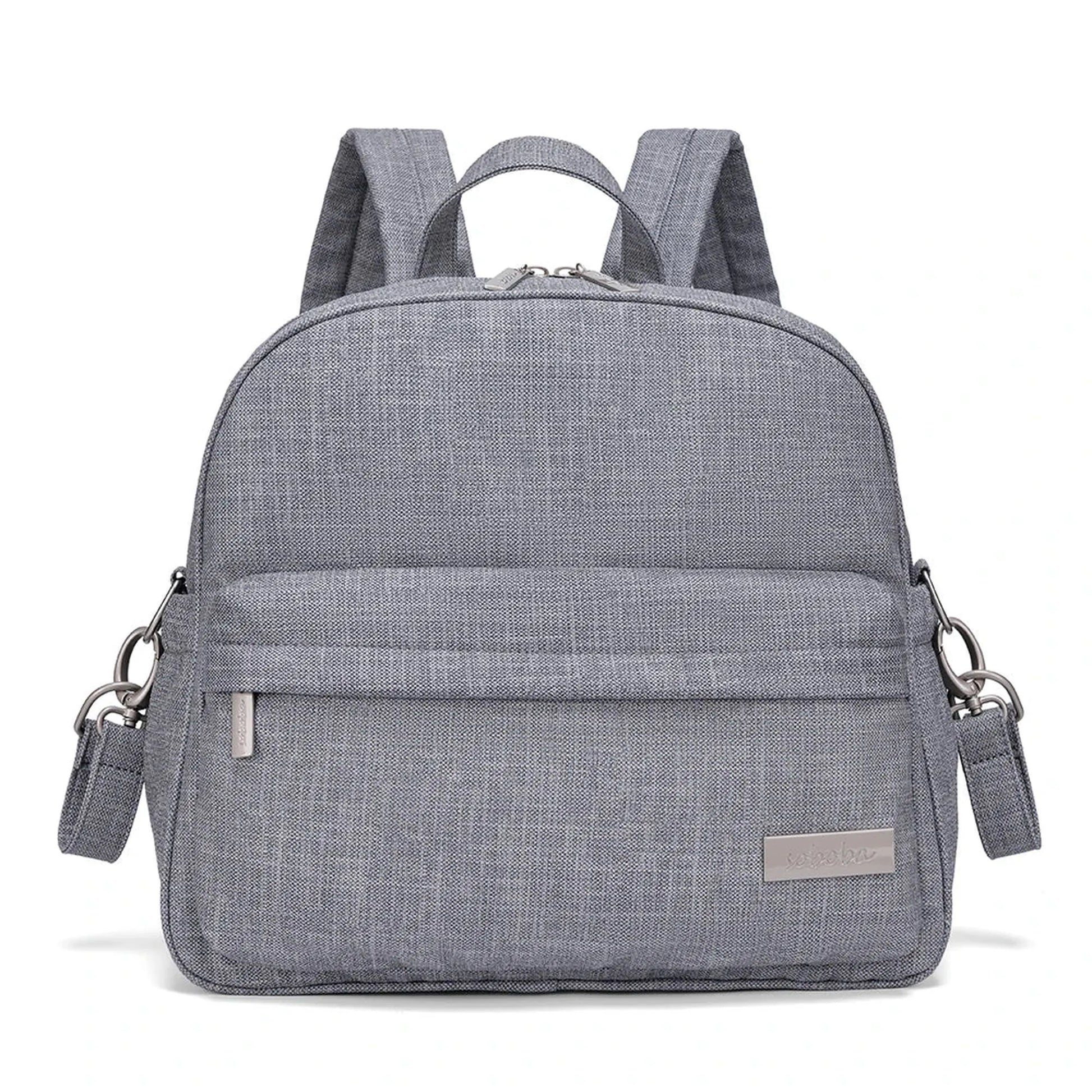 Stylish gray diaper backpack with front pocket, top handle, and adjustable straps.
