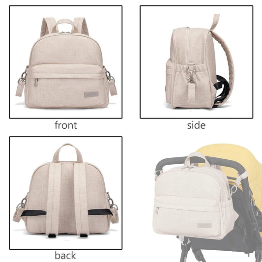 Beige waterproof diaper backpack with front pocket, side view, back straps, and hanging on a stroller.
