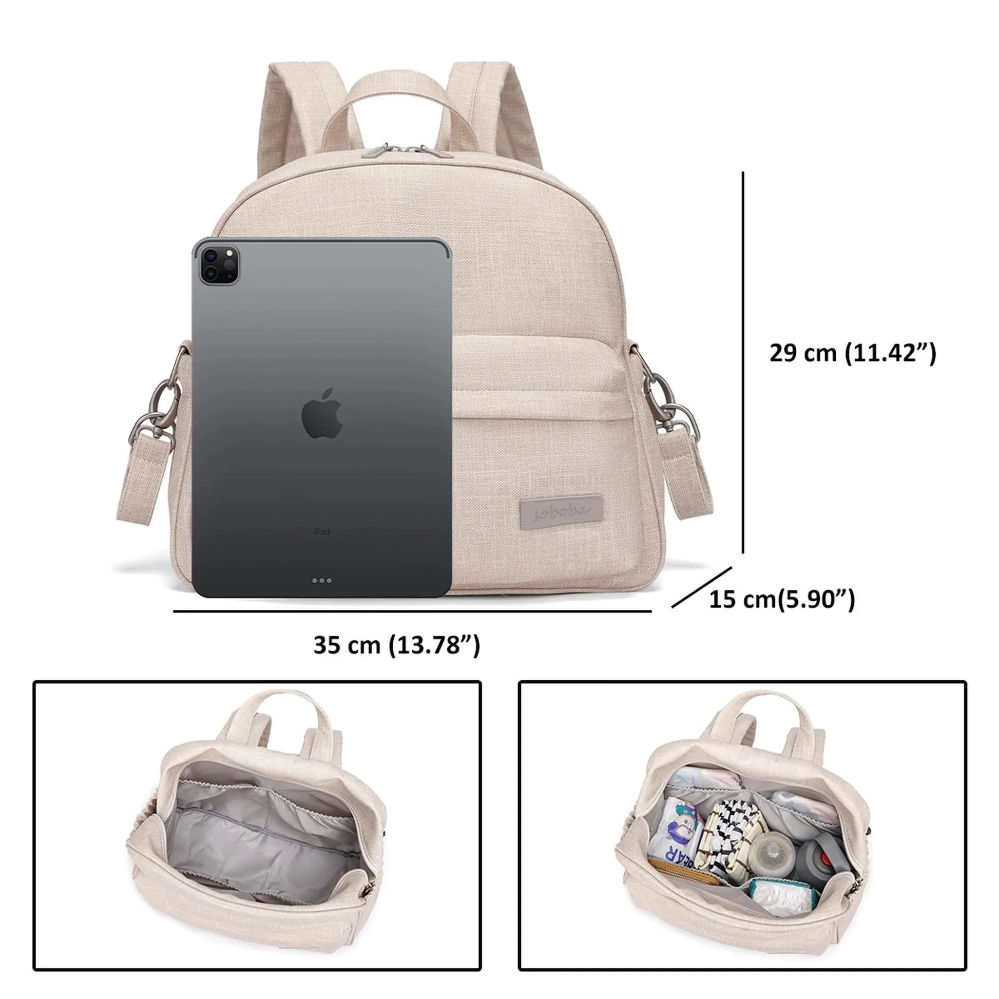 Beige diaper backpack with an iPad for scale, showing spacious compartments and waterproof material.