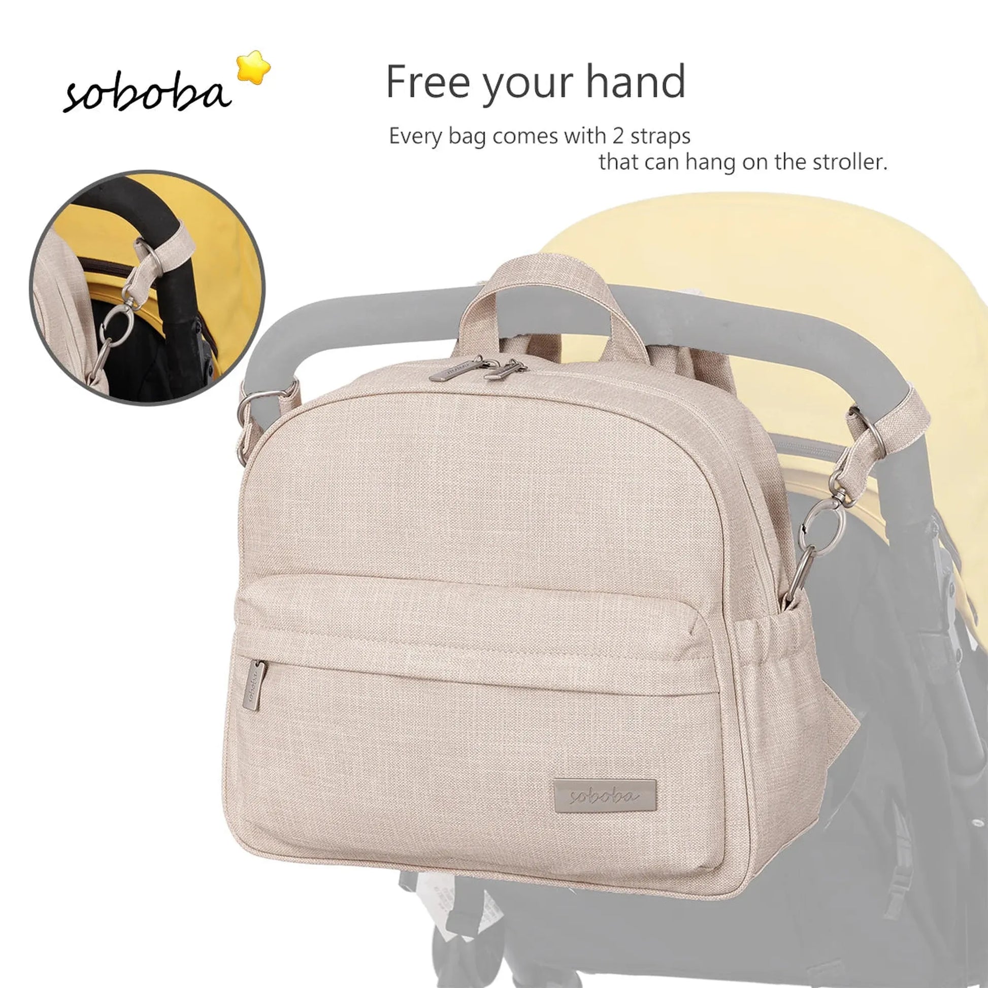 Beige Soboba diaper backpack with front pocket, top handle, and stroller straps.