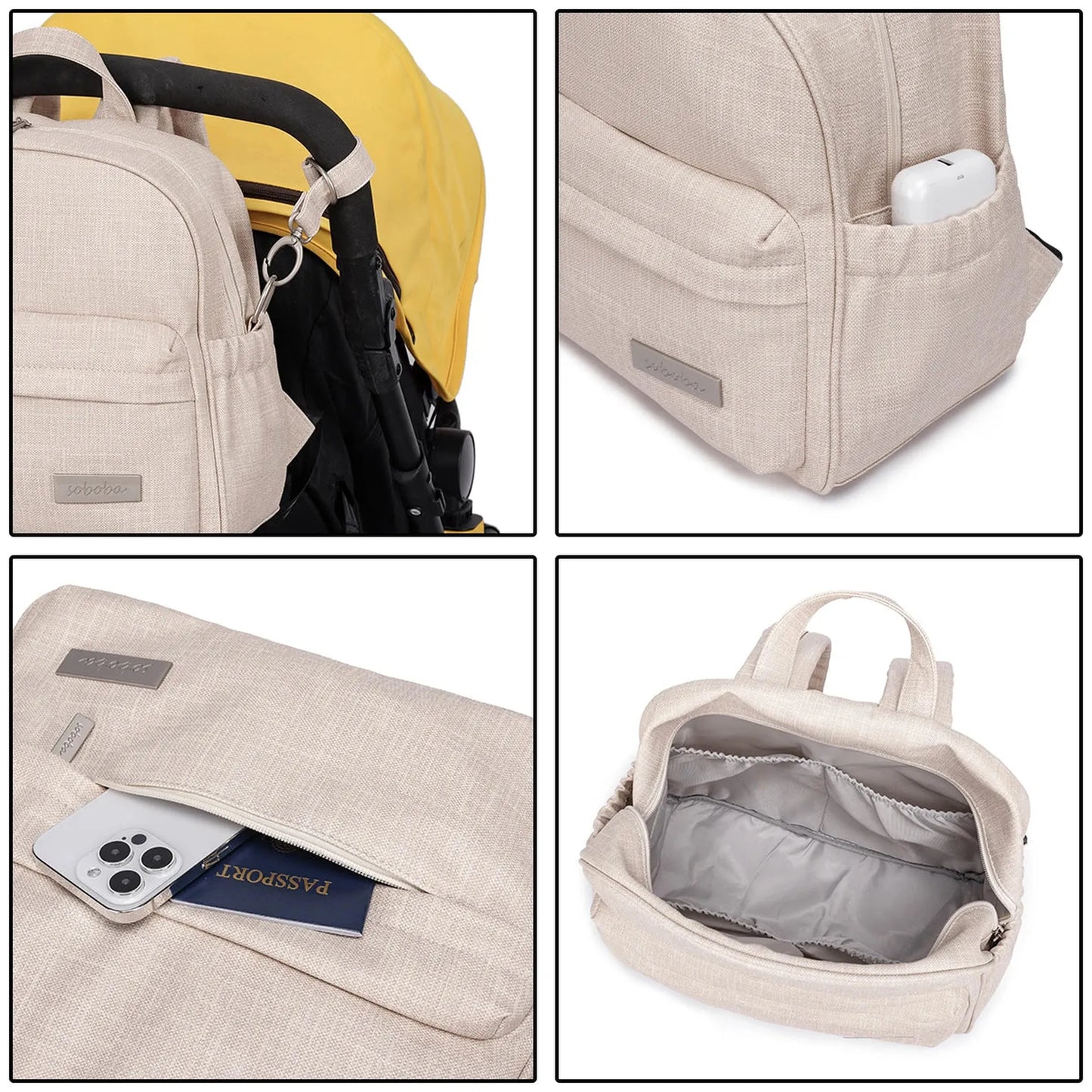 Beige waterproof diaper backpack with multiple pockets, shown attached to a stroller and open, revealing organized compartments.