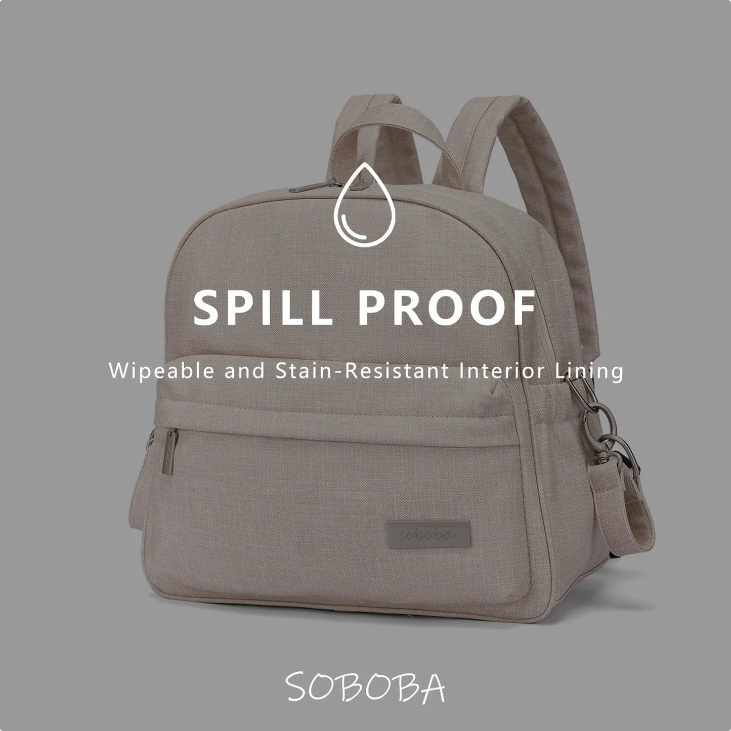 Beige Soboba diaper backpack, spill-proof with wipeable lining, front pocket, and adjustable straps.