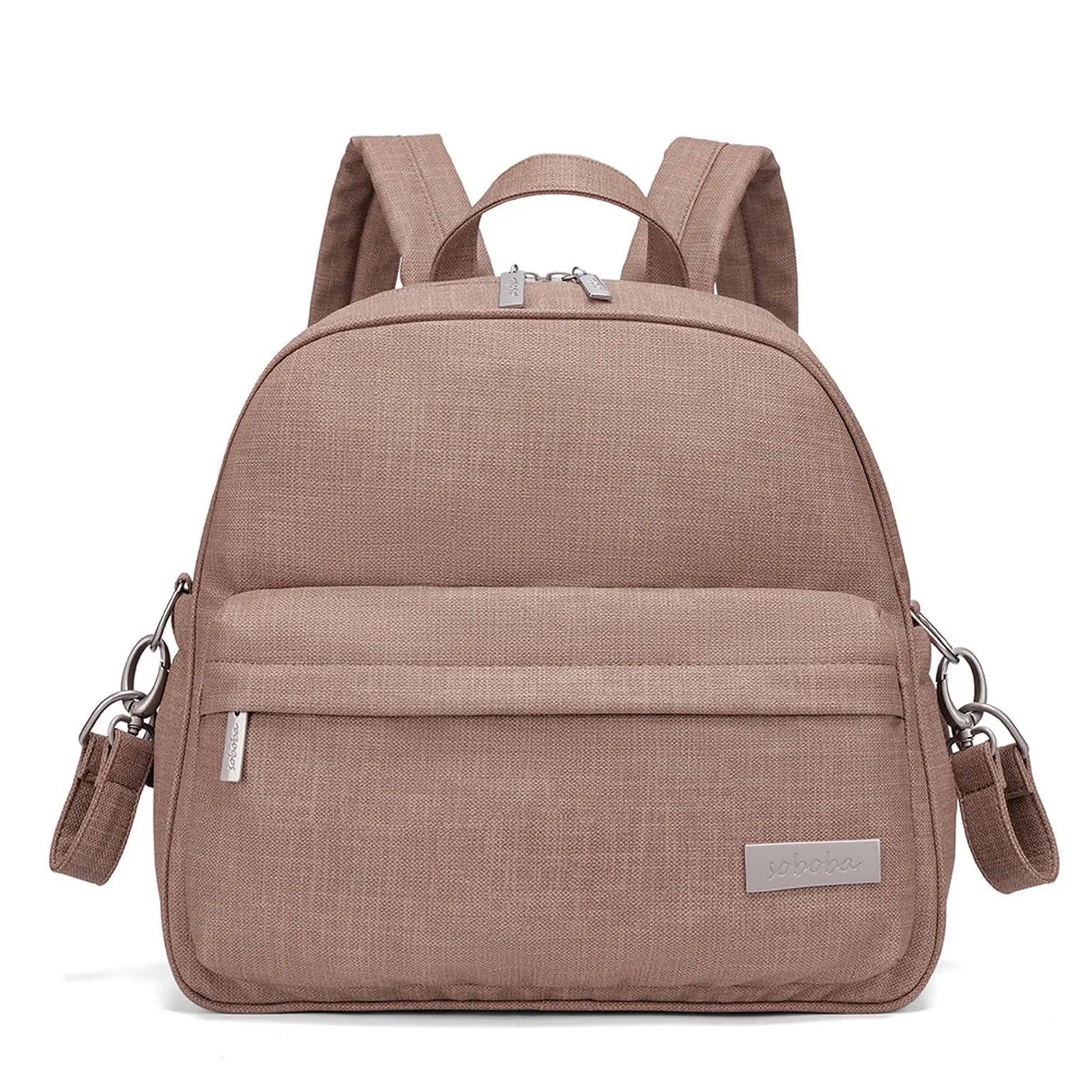 Stylish brown PU/PVC diaper backpack with front pocket, adjustable straps, and silver zippers.