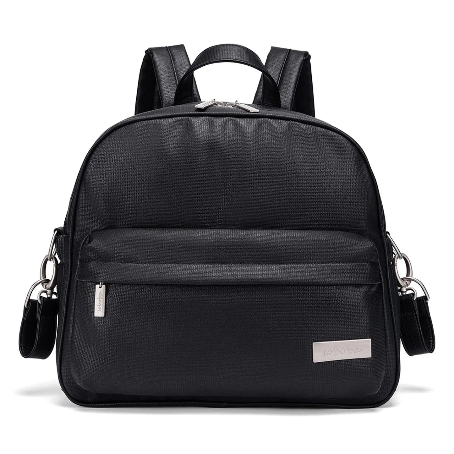 Stylish black PU/PVC diaper backpack with front pocket, top handle, adjustable straps, and silver hardware.