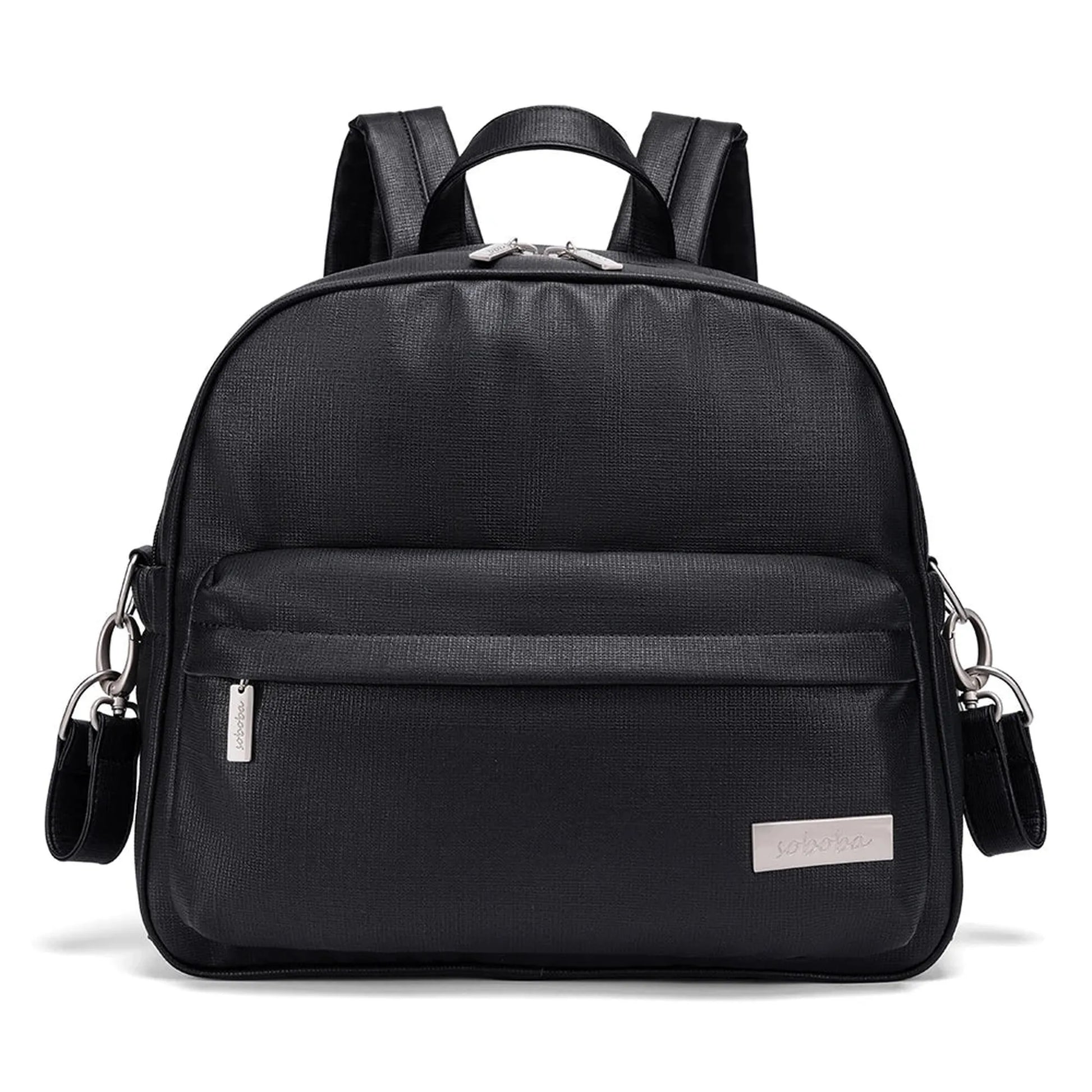 Stylish black PU/PVC diaper backpack with front pocket, top handle, adjustable straps, and silver hardware.