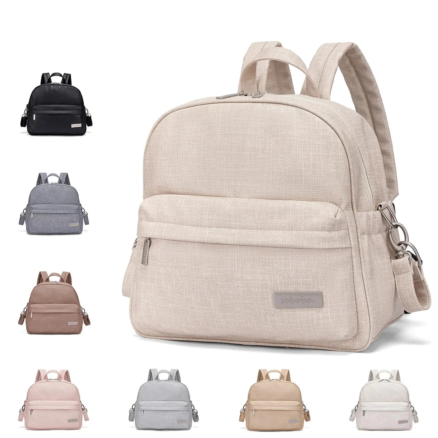 Stylish beige diaper backpack with front pocket, shown with black, grey, brown, pink, and white color options.
