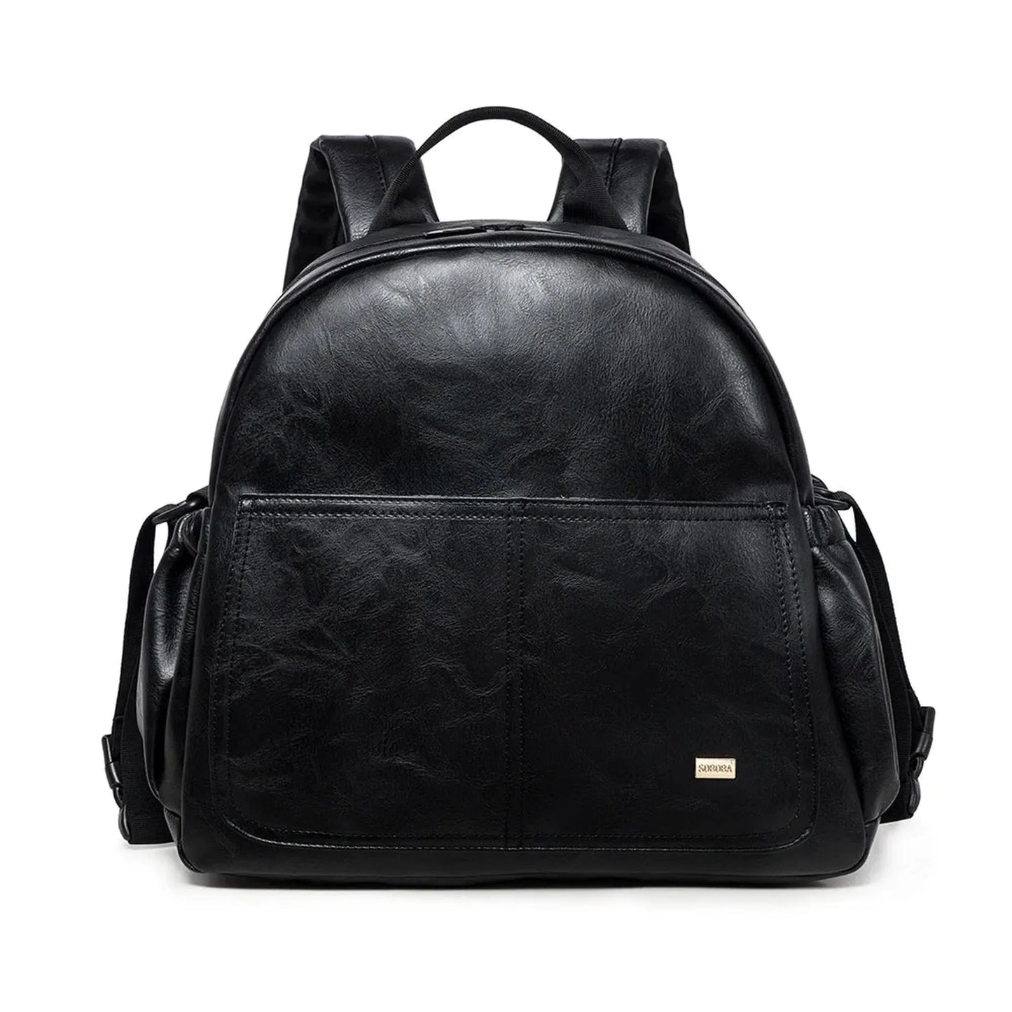 Black PU leather diaper backpack with large capacity, padded straps, and front pocket.