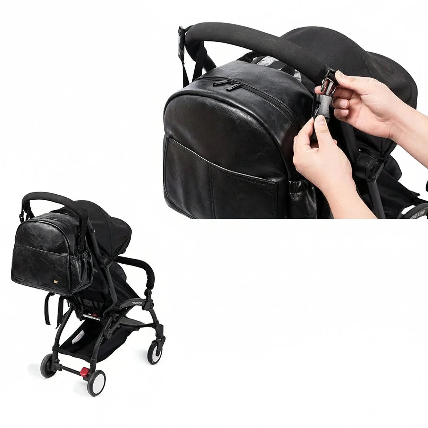 Black PU leather diaper backpack attached to a stroller, with a close-up of hands securing a strap.
