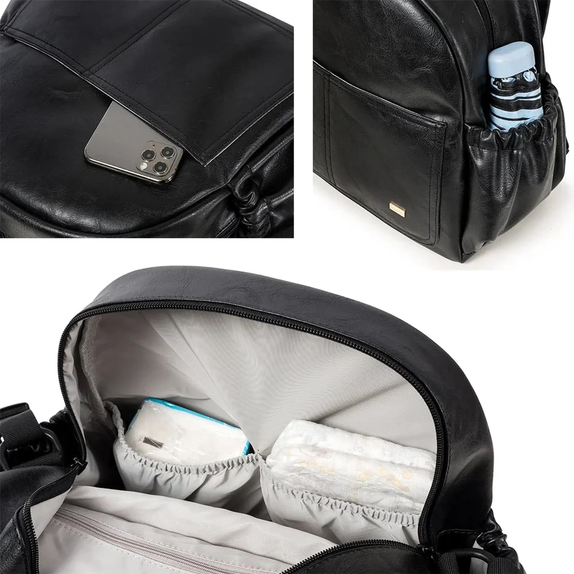 Black PU leather diaper backpack with large capacity, multiple pockets, and padded shoulder straps.