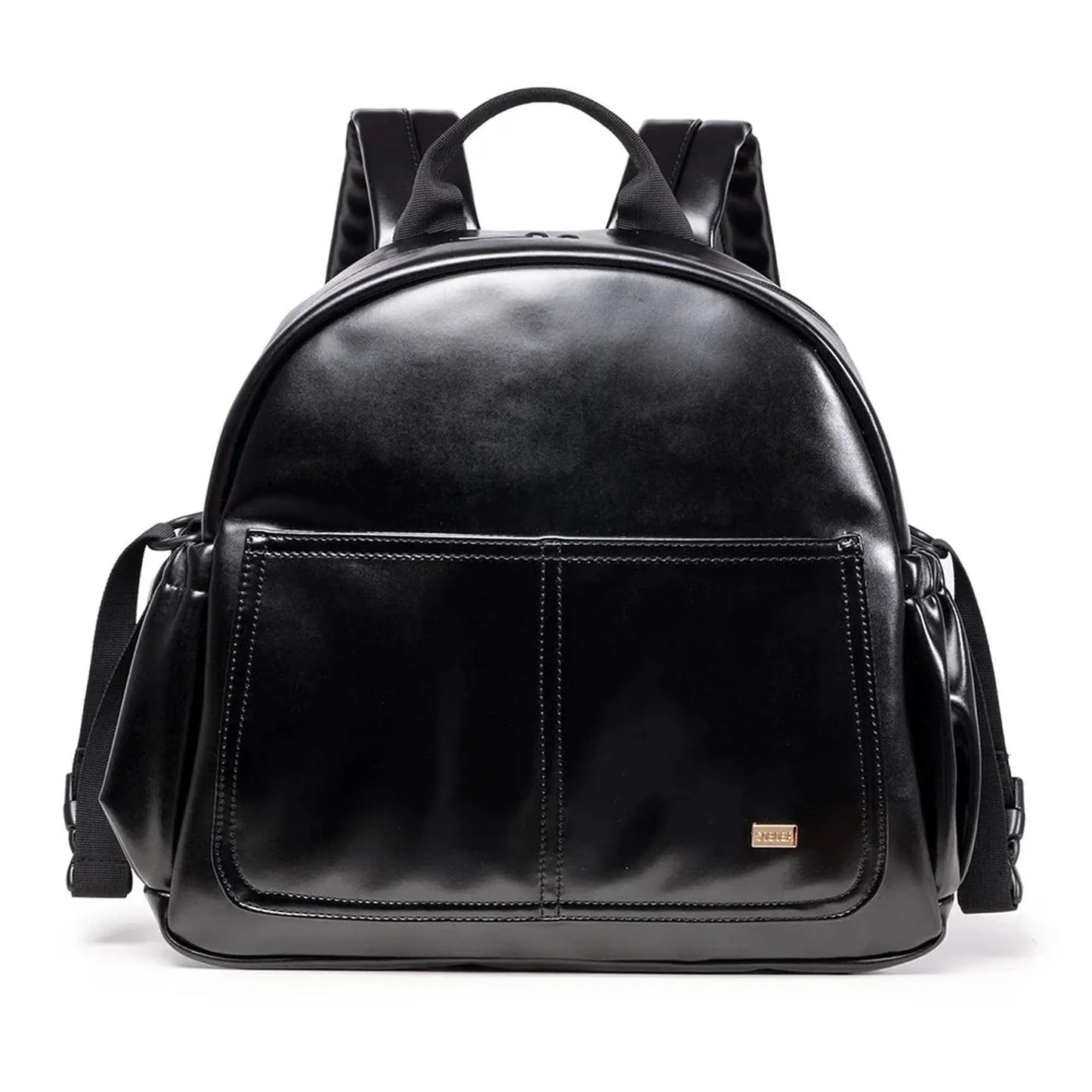 Black PU leather diaper backpack with large capacity, front pockets, and padded shoulder straps.