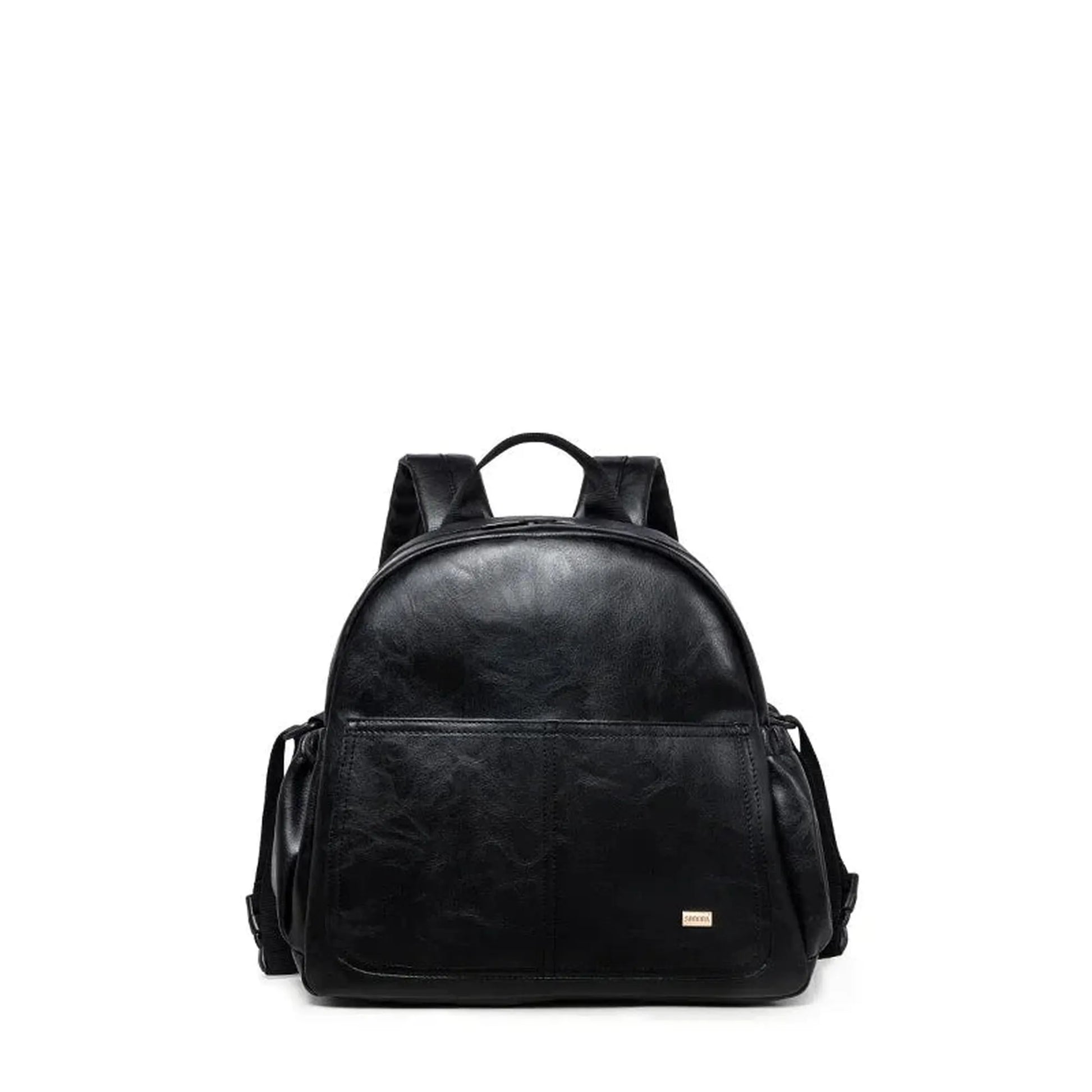 Black PU leather diaper backpack with large capacity, front pocket, and side compartments.