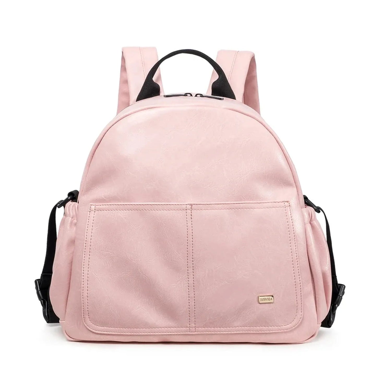 Pink PU leather diaper backpack with large capacity, padded straps, and front pockets.