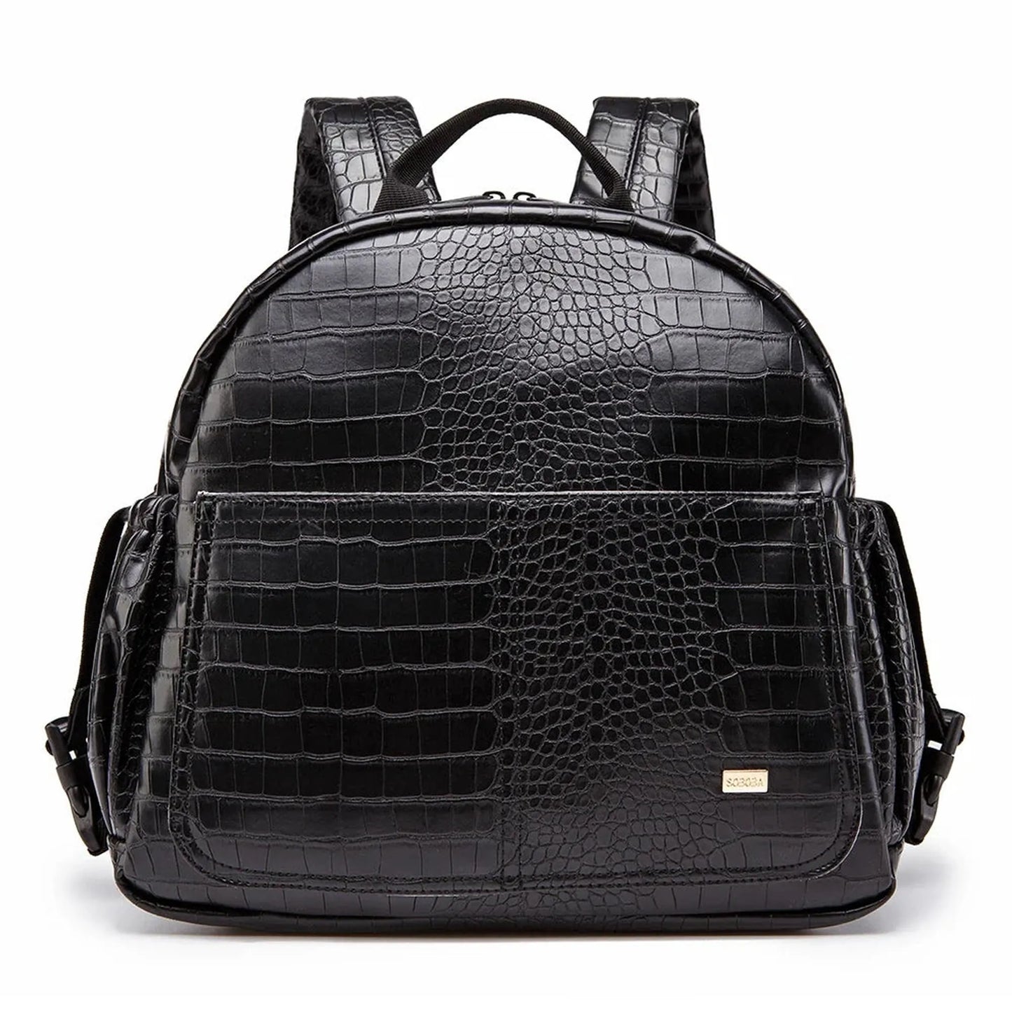 Black PU leather diaper backpack with crocodile texture, large capacity, and padded back straps.