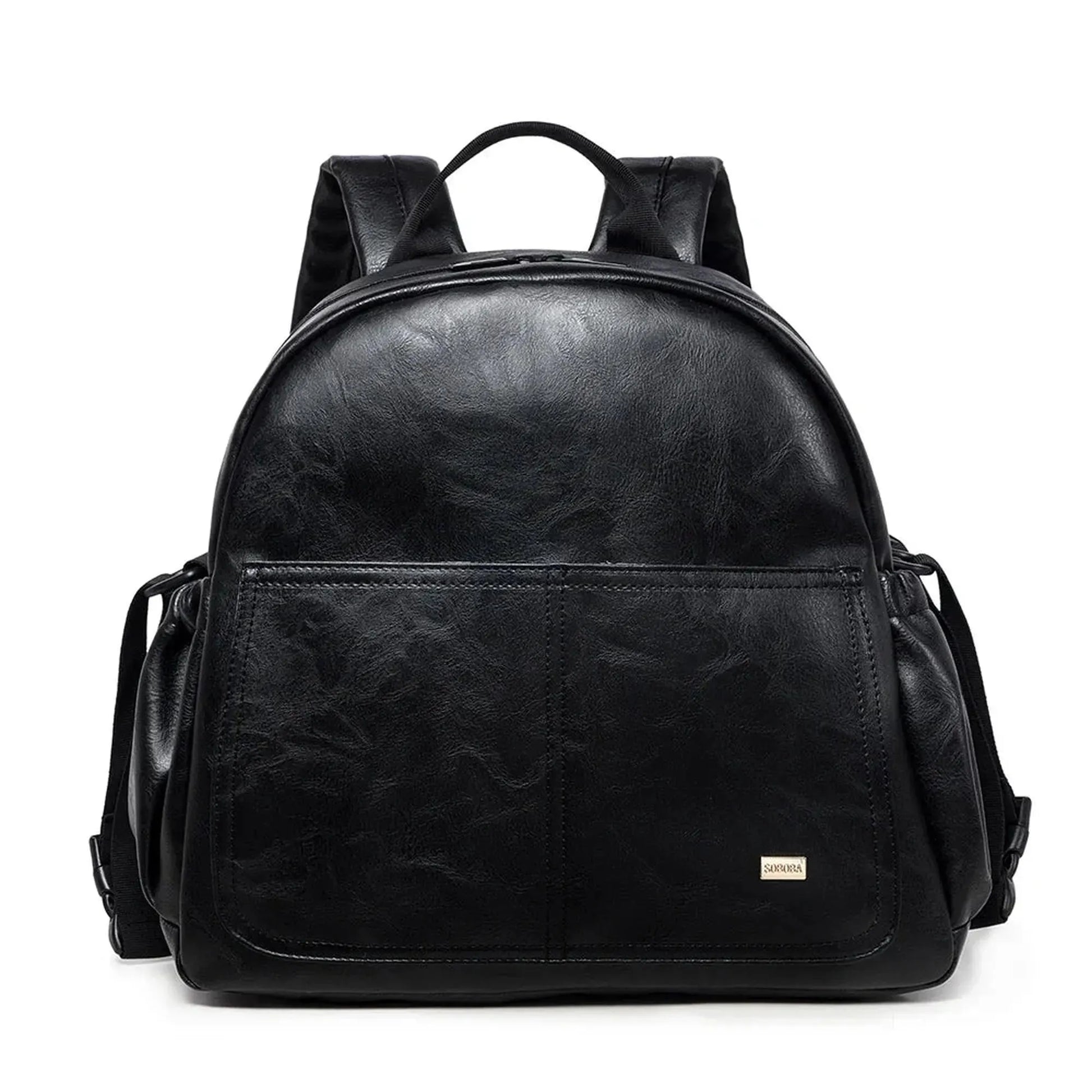 Black PU leather diaper backpack with large capacity, padded straps, and front pocket.