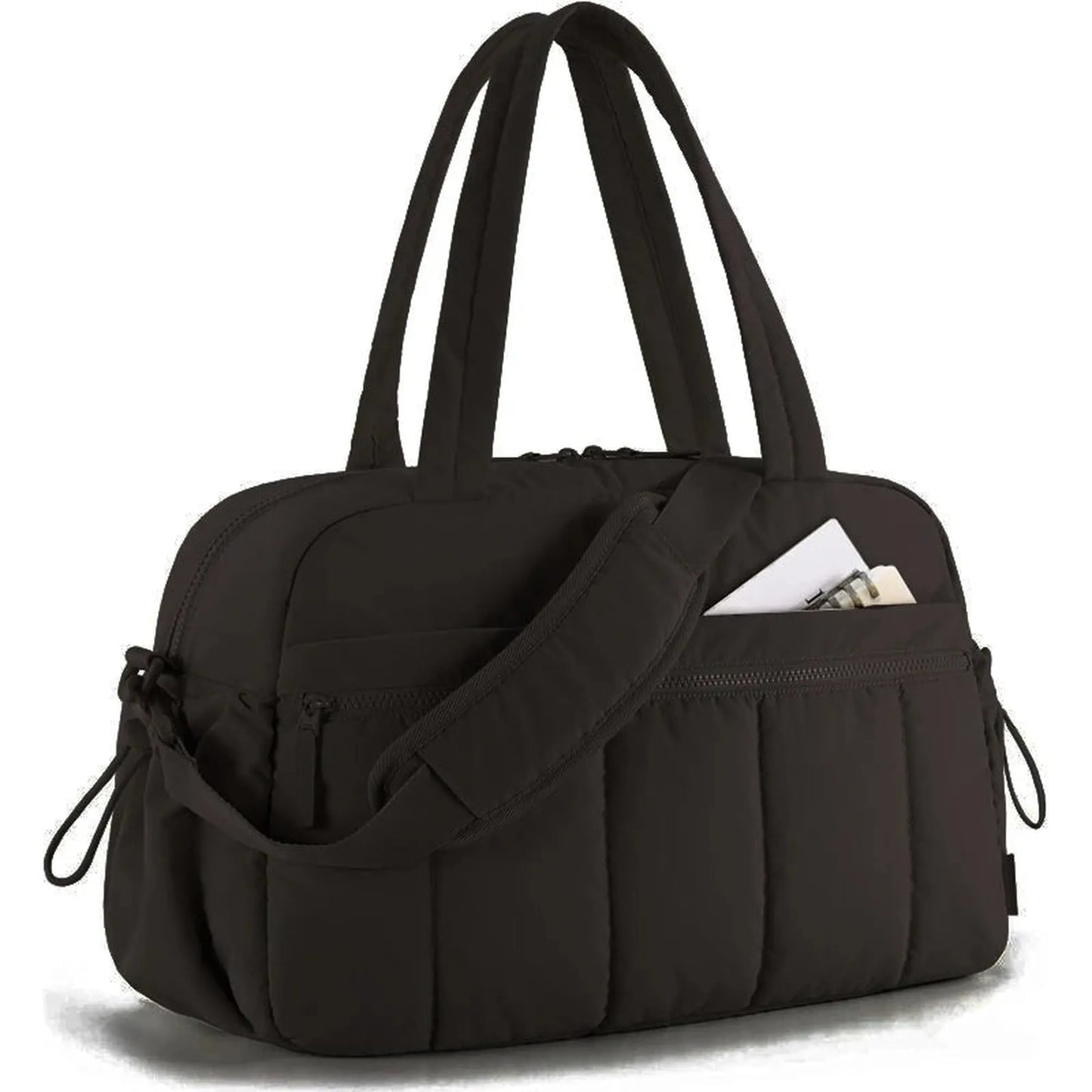 Black waterproof nylon diaper bag with top handles, padded shoulder strap, and front pocket.