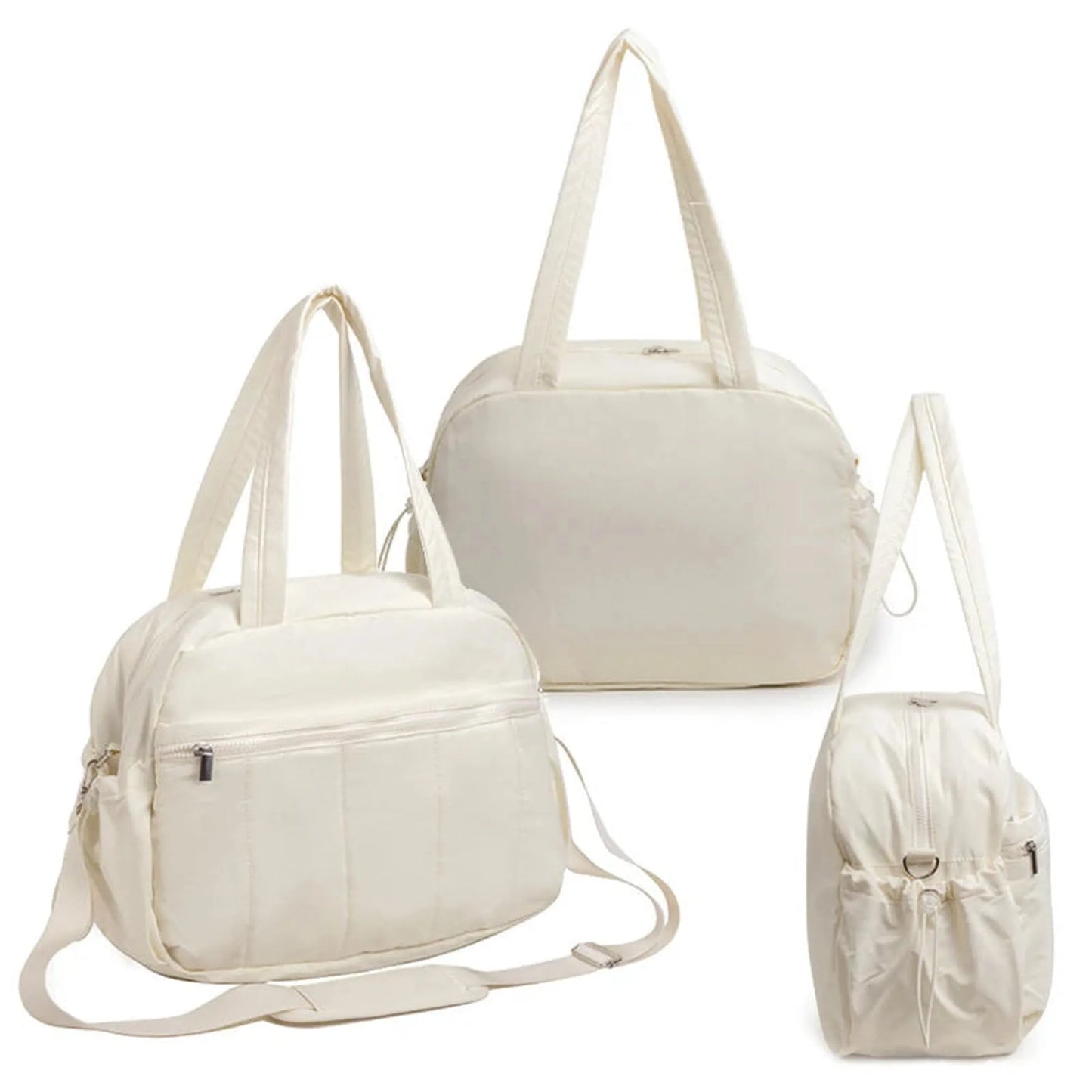 Cream waterproof nylon diaper bag with smart compartments, shown as a tote, shoulder bag, and side view.