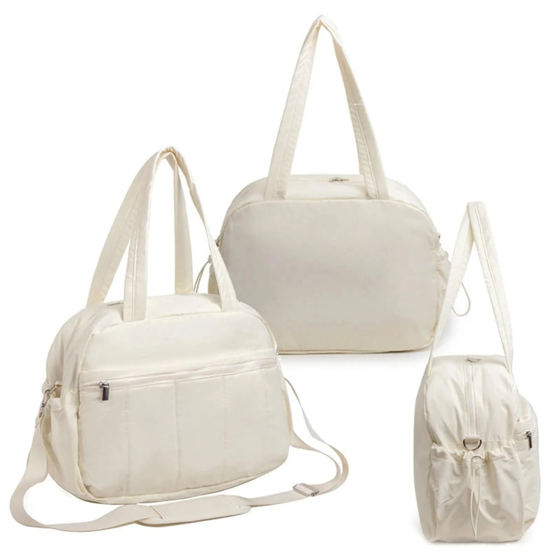 Cream waterproof nylon diaper bag with smart compartments, shown as a tote, shoulder bag, and side view.