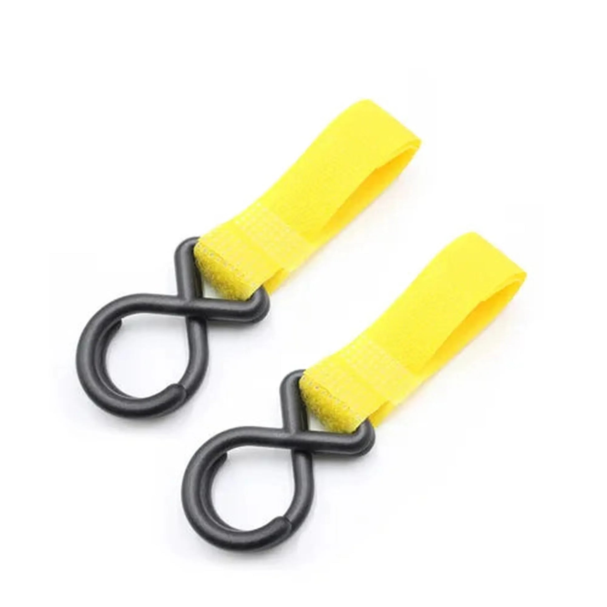 Pair of yellow nylon stroller straps with black metal D-ring hooks for diaper bags.